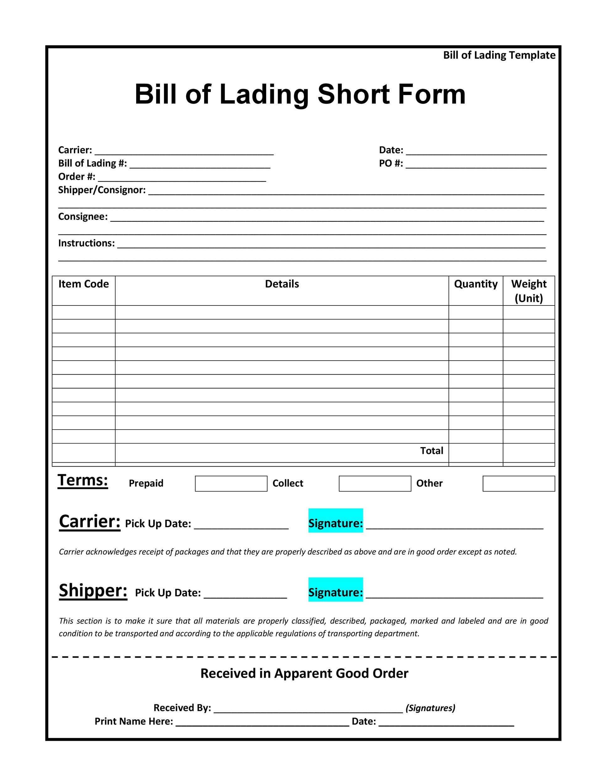 Printable Template Bill Of Lading Form Free Printable Templates