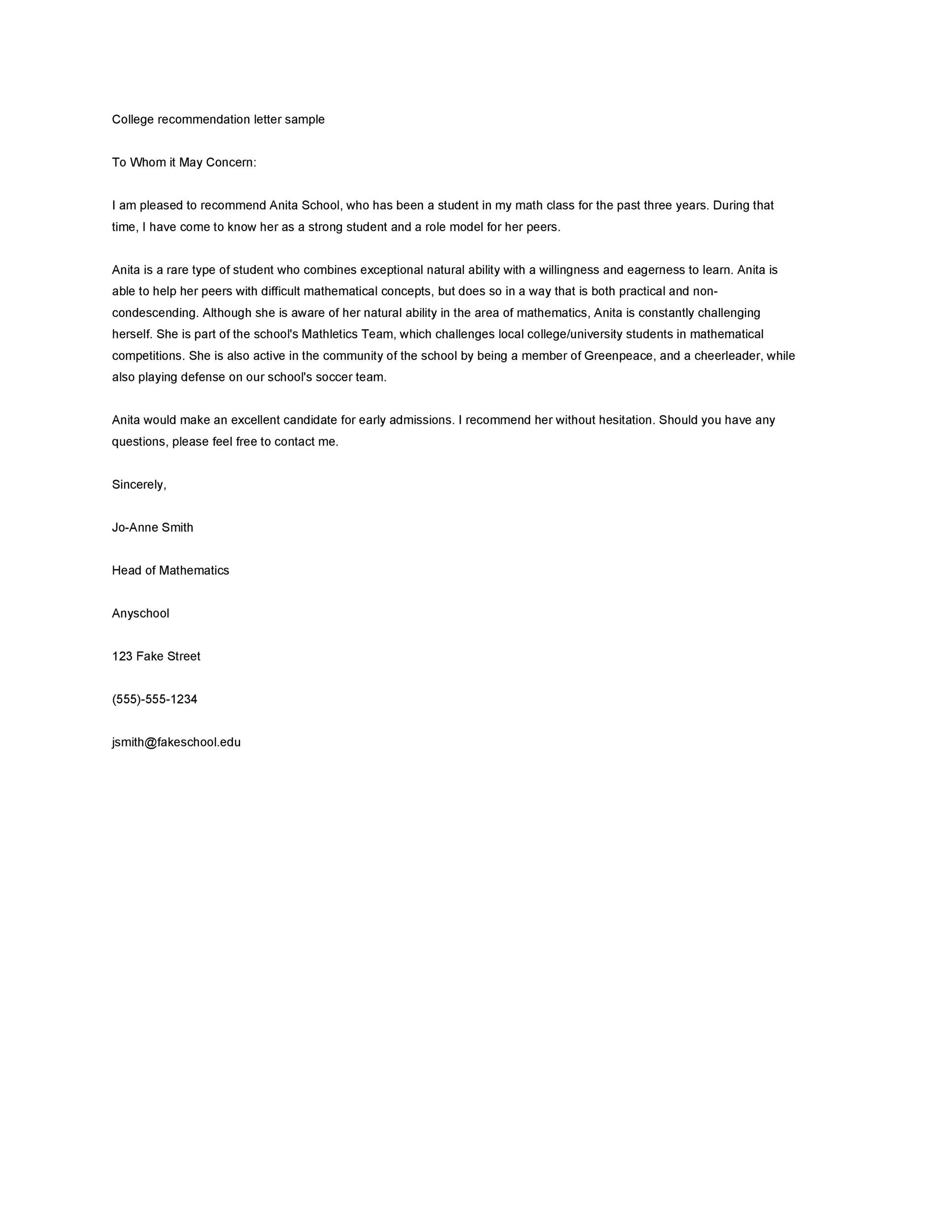 College Admissions Recommendation Letter Sample from templatelab.com