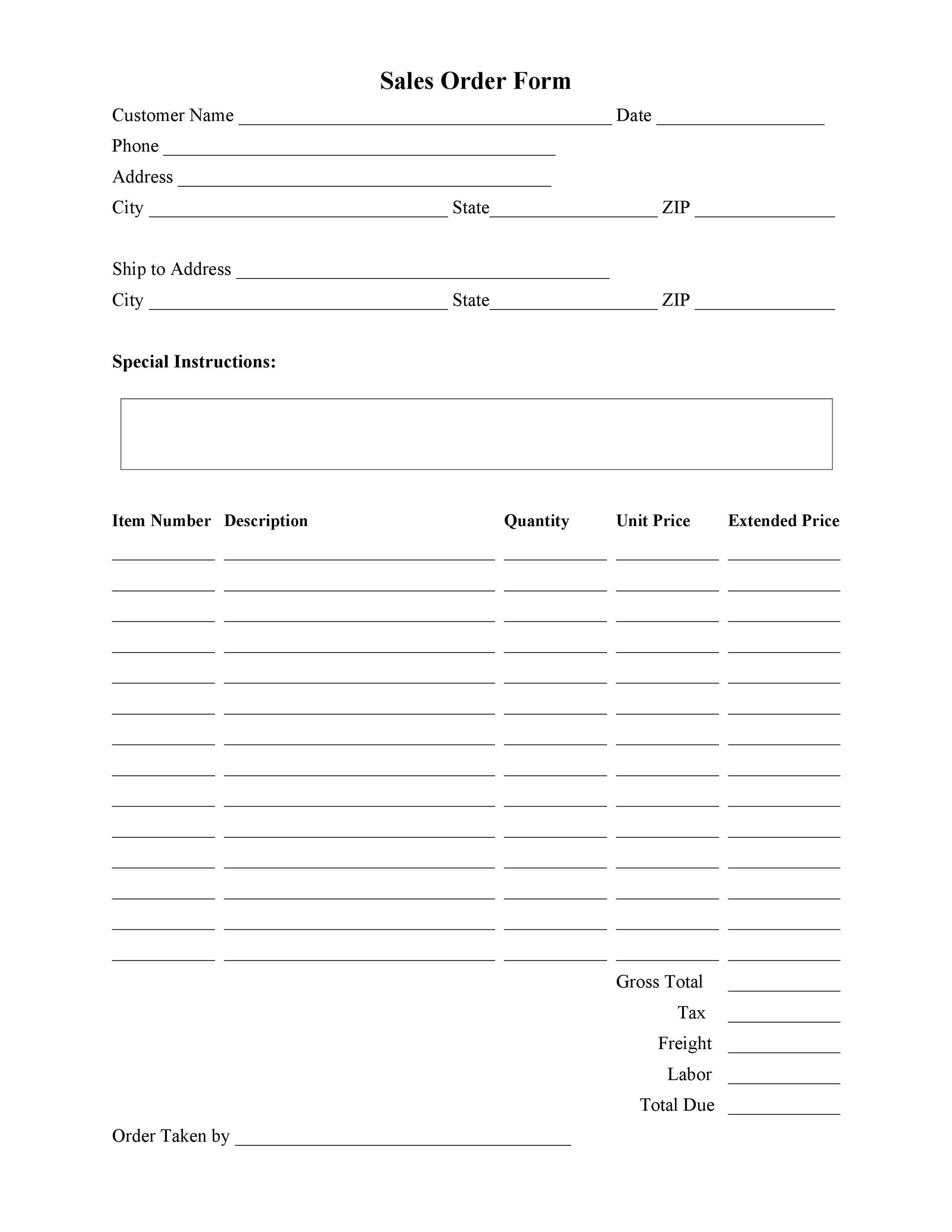 Order Form Template Free Printable