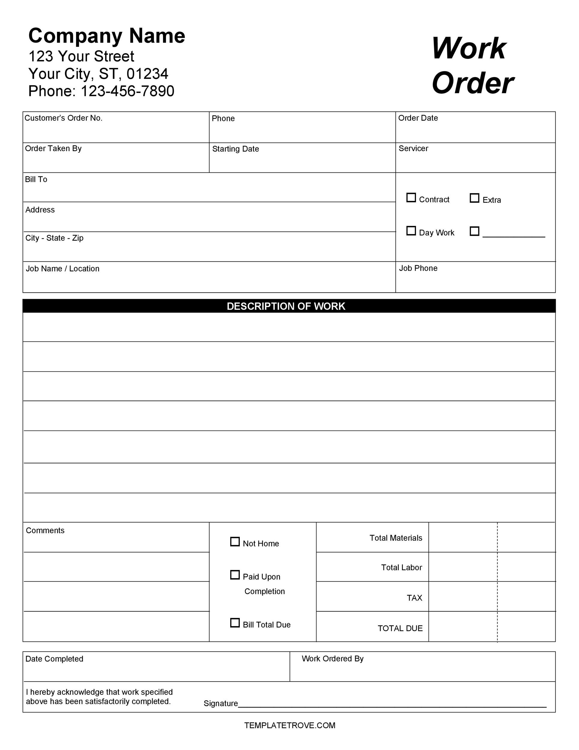 Free Printable Work Order Forms Printable Templates