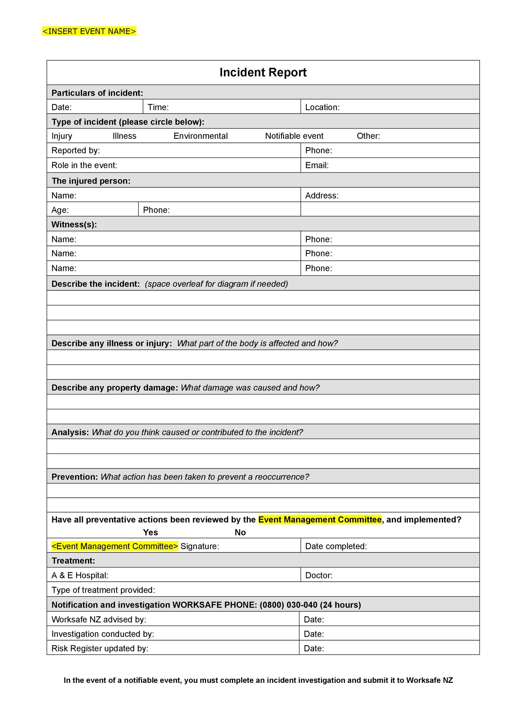 Printable Incident Report That are Critical Tristan Website