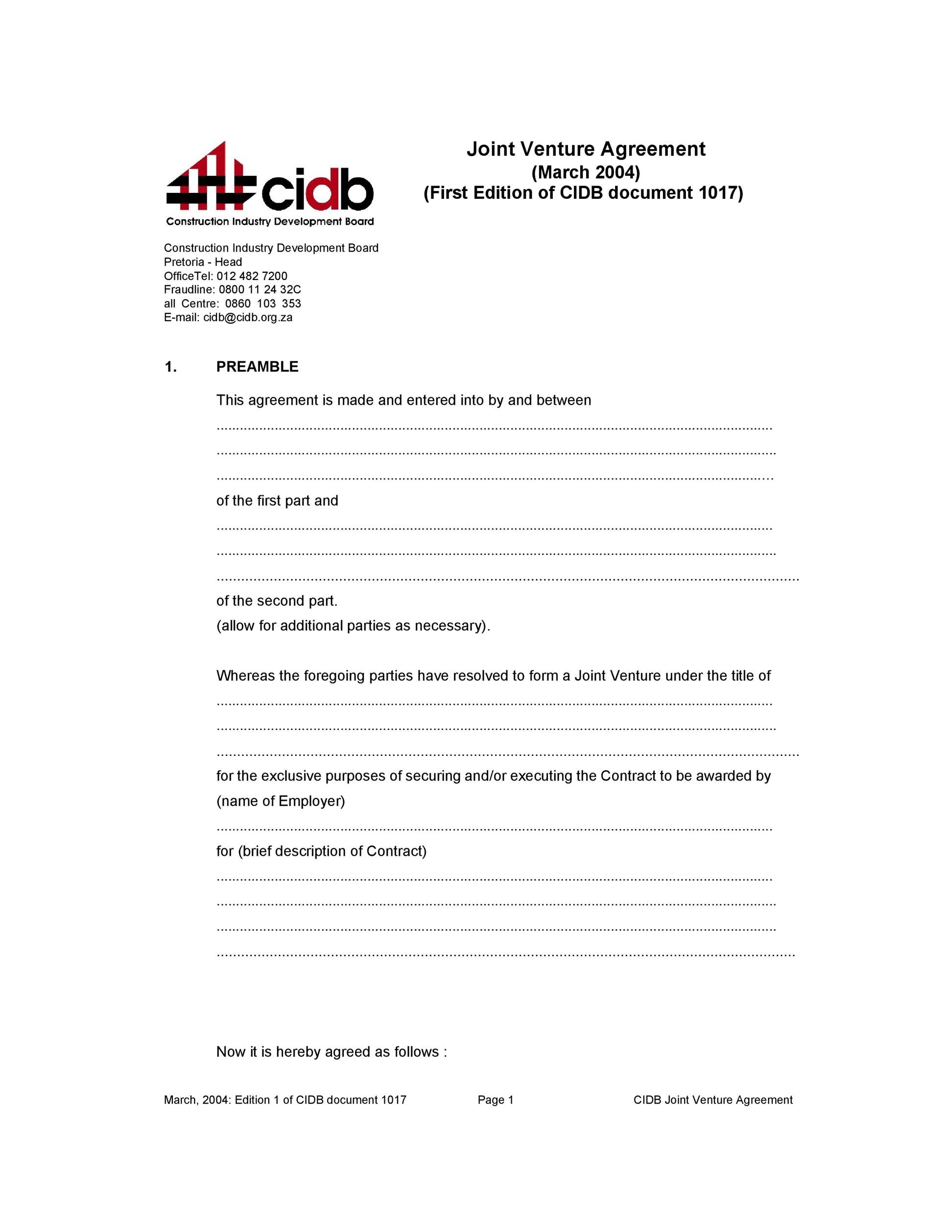 Free Simple Joint Venture Agreement Template