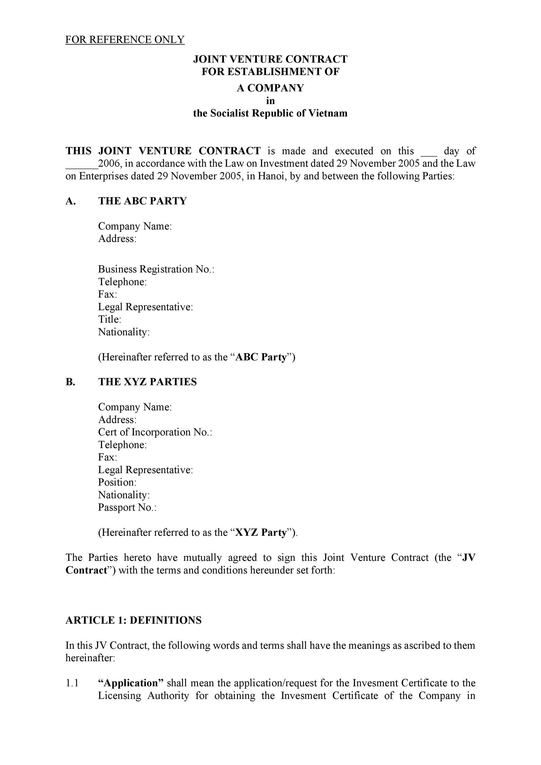 Free Simple Joint Venture Agreement Template