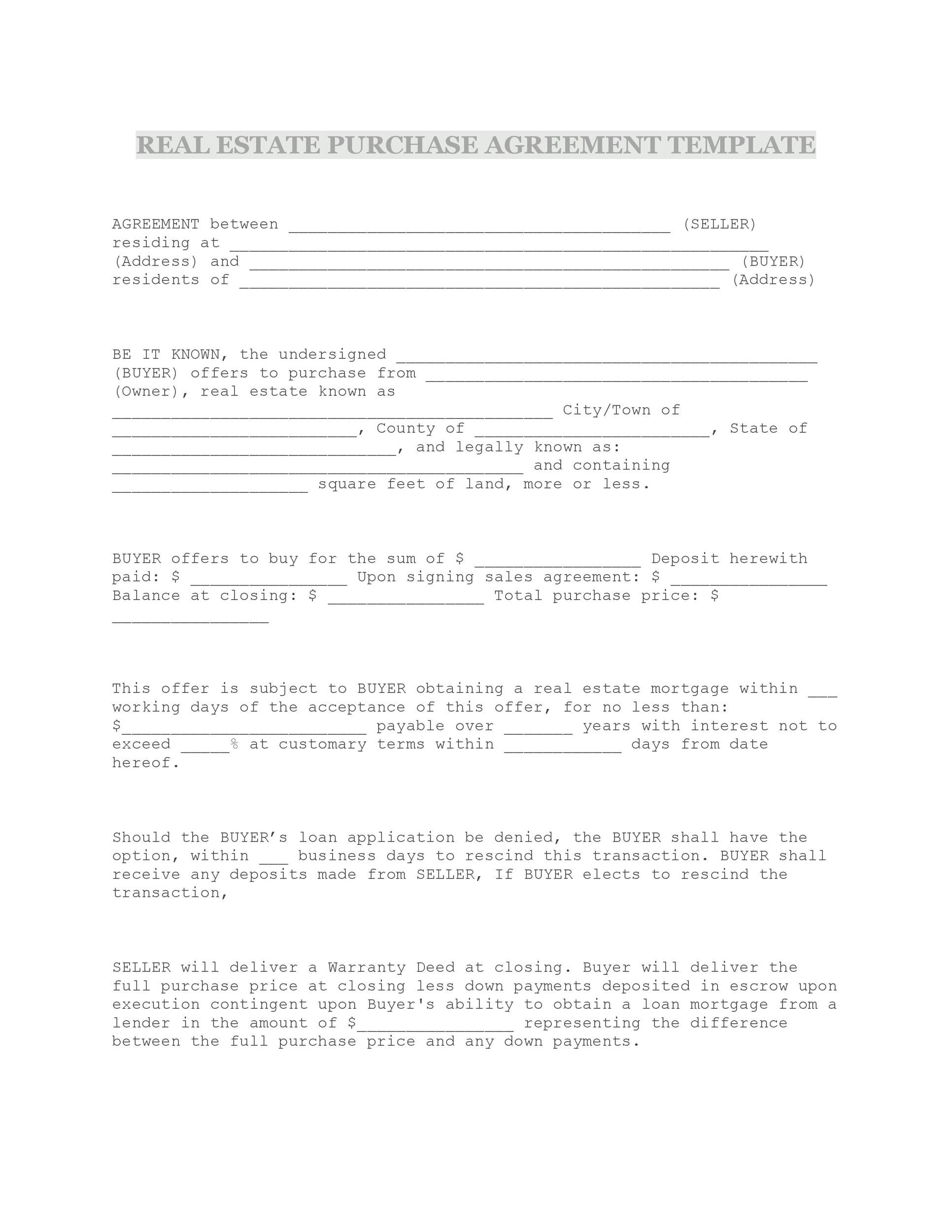 Free Simple Real Estate Purchase Agreement Template
