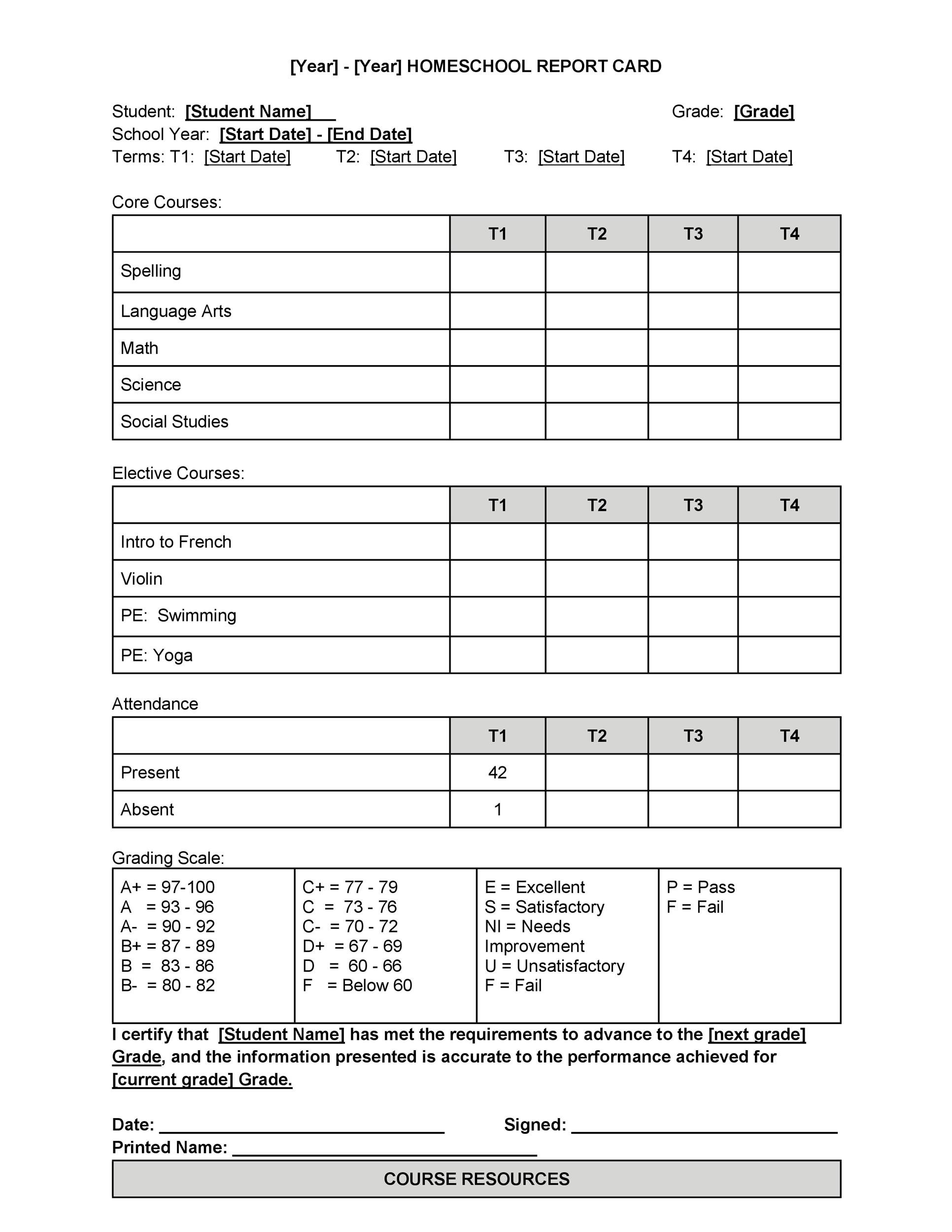 Printable Report Card Template Free