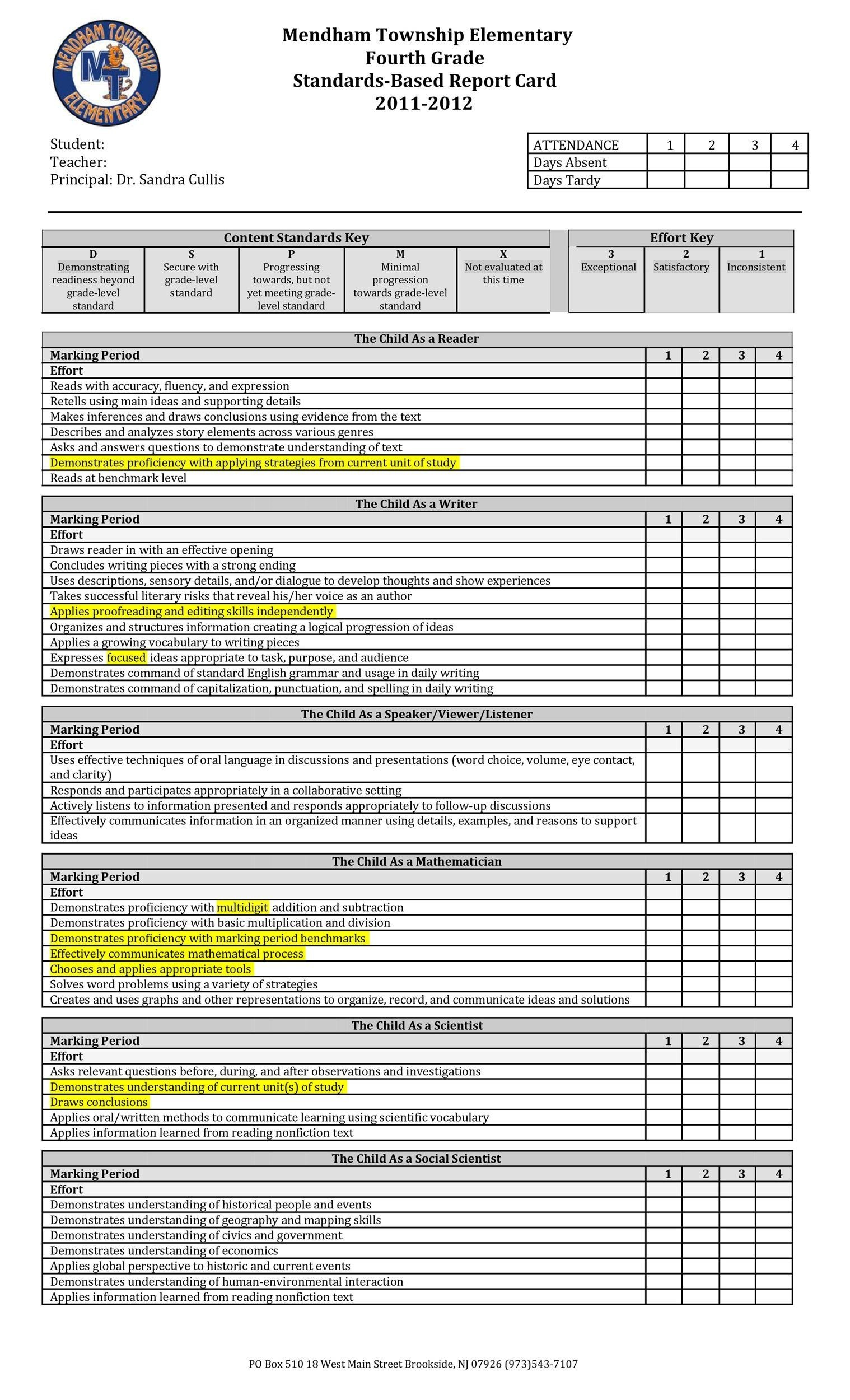 Report Card Template Middle School