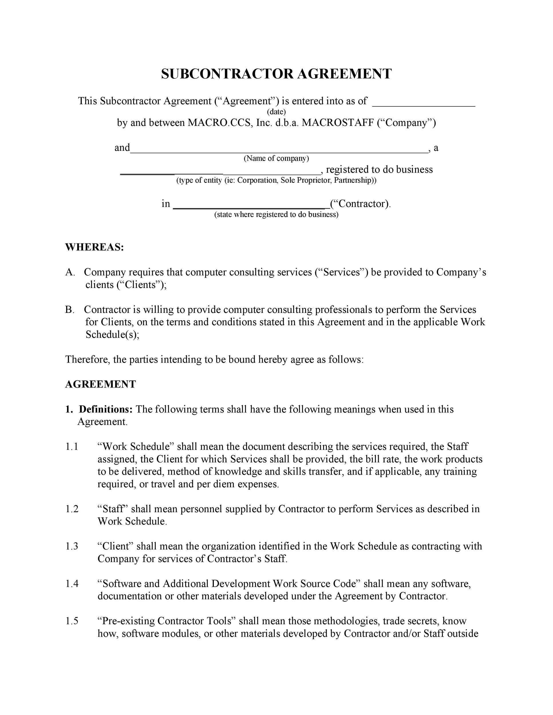 Sub Contractor Agreement Template