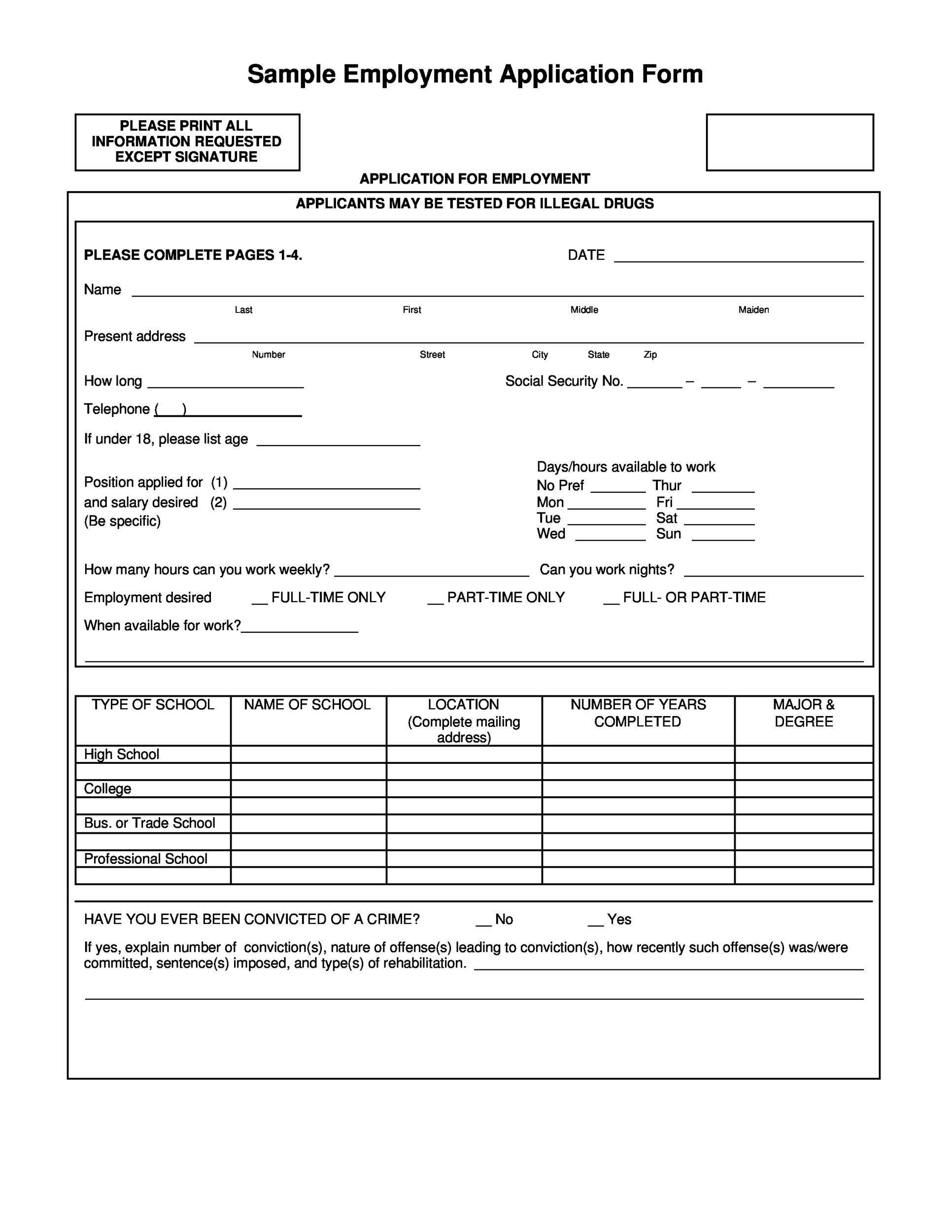 50 Free Employment Job Application Form Templates Printable 7065