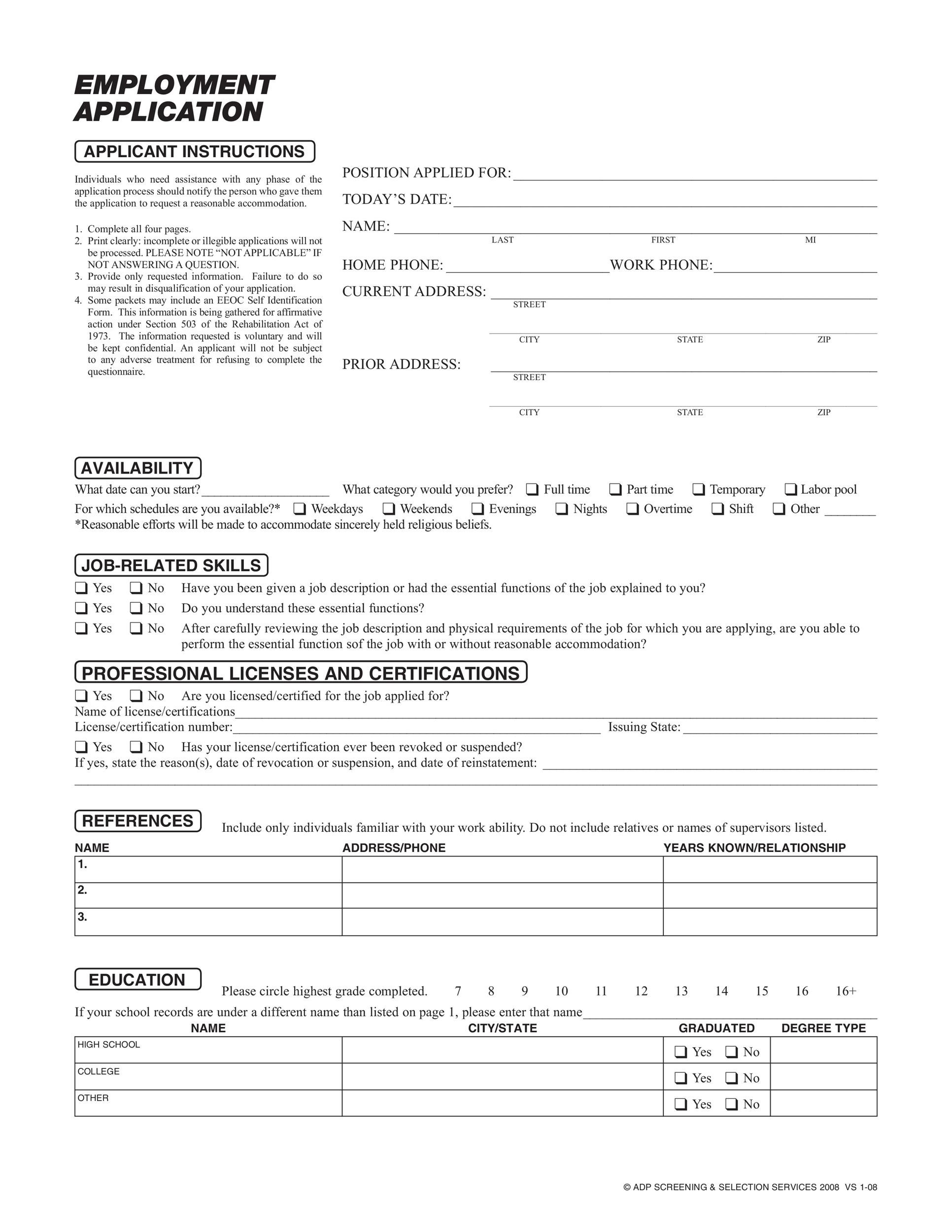 Free Printable Application For Employment Template 0653