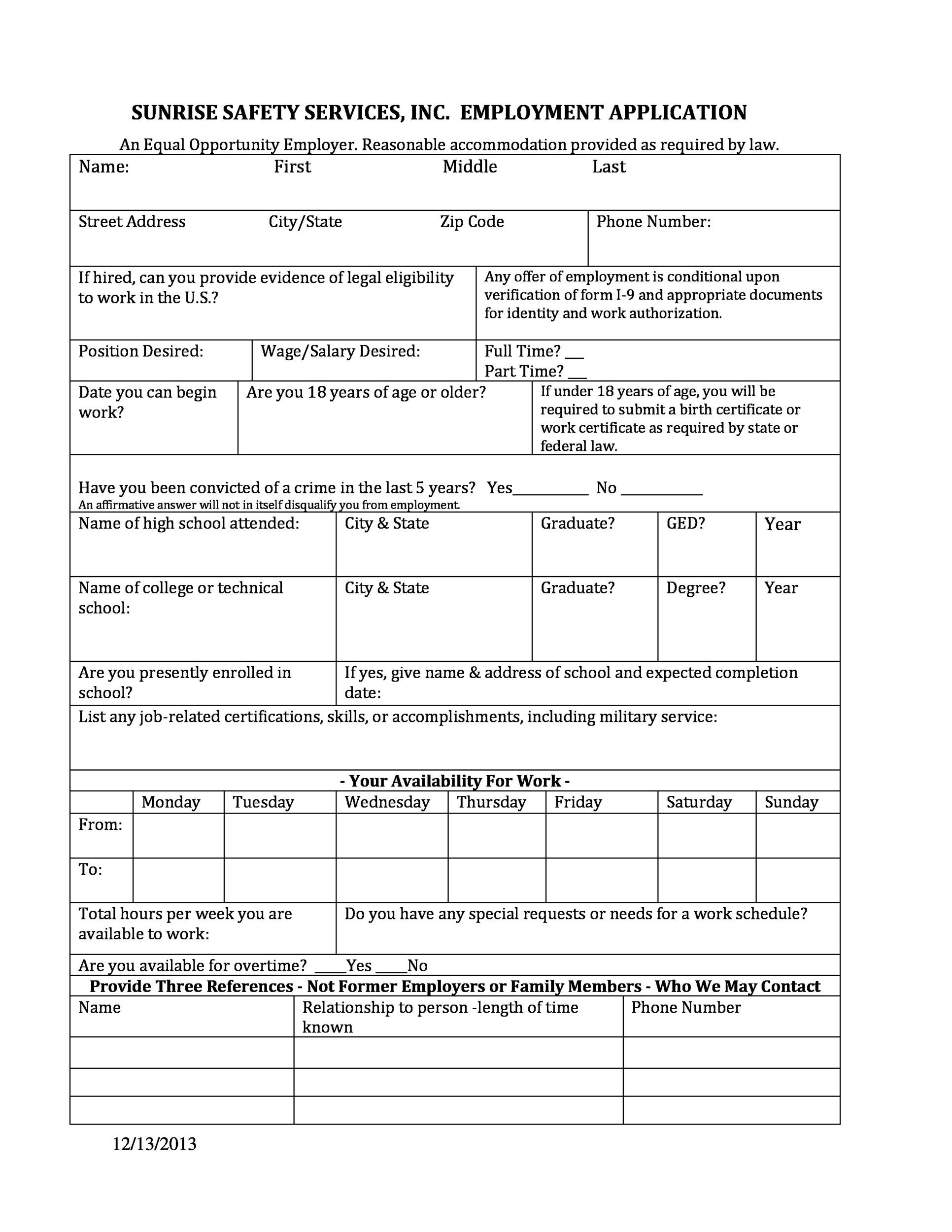 Free Printable Application For Employment Template 4381