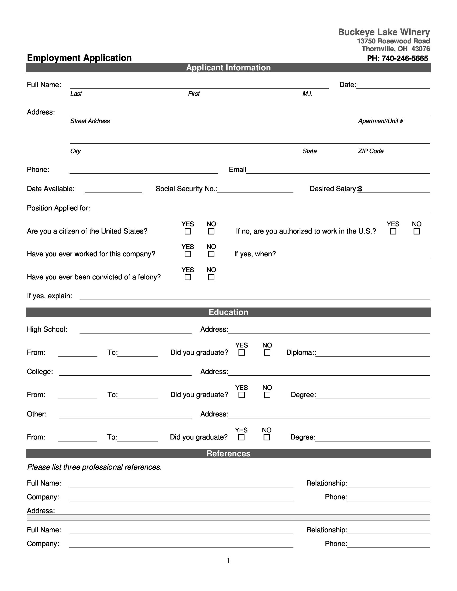 Free Printable Applications For Employment
