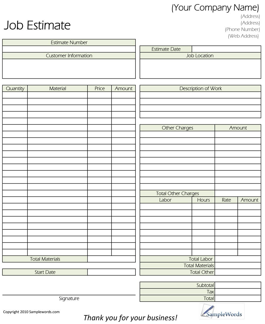 Blank Estimate Form Template 5 Professional Templates