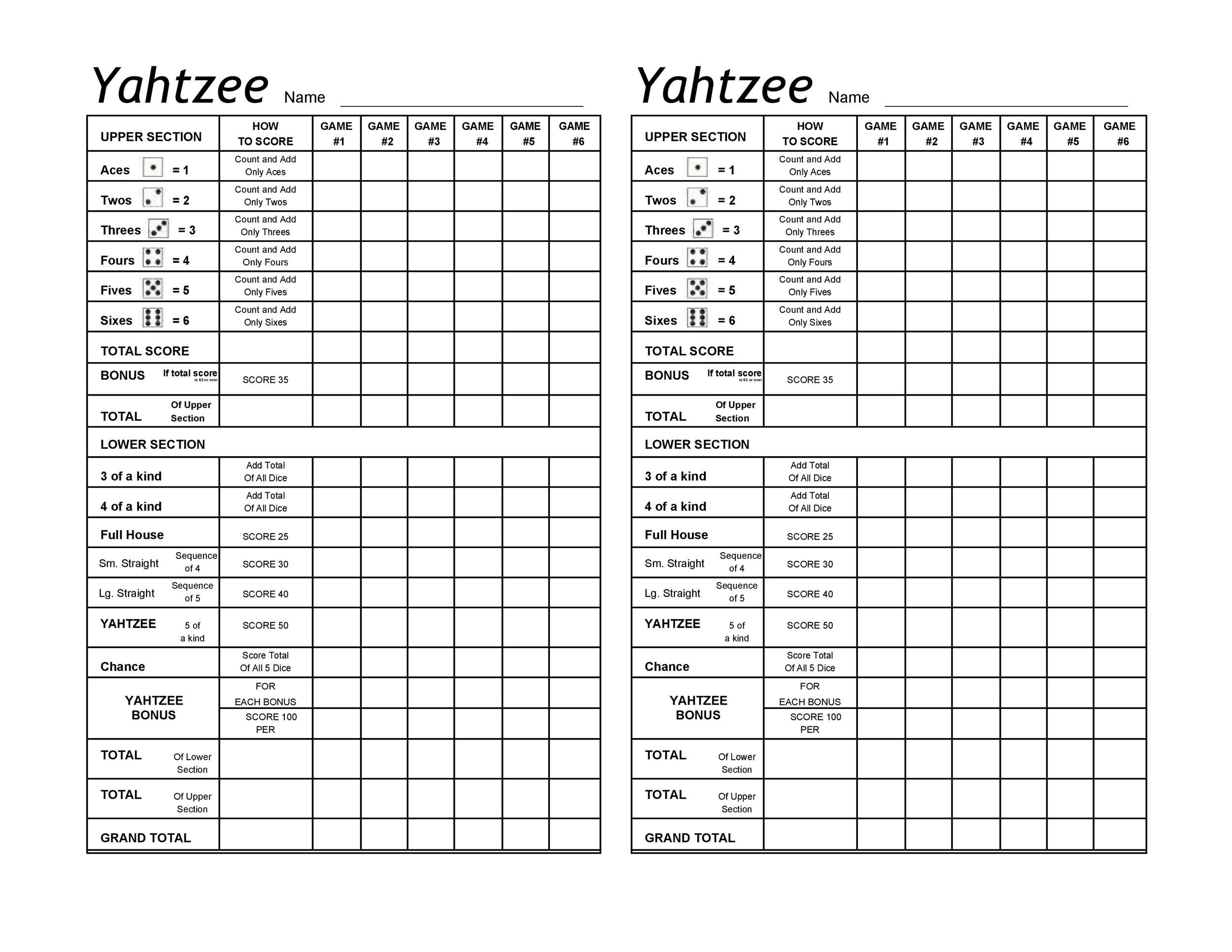 Triple Yahtzee Score Card Printable