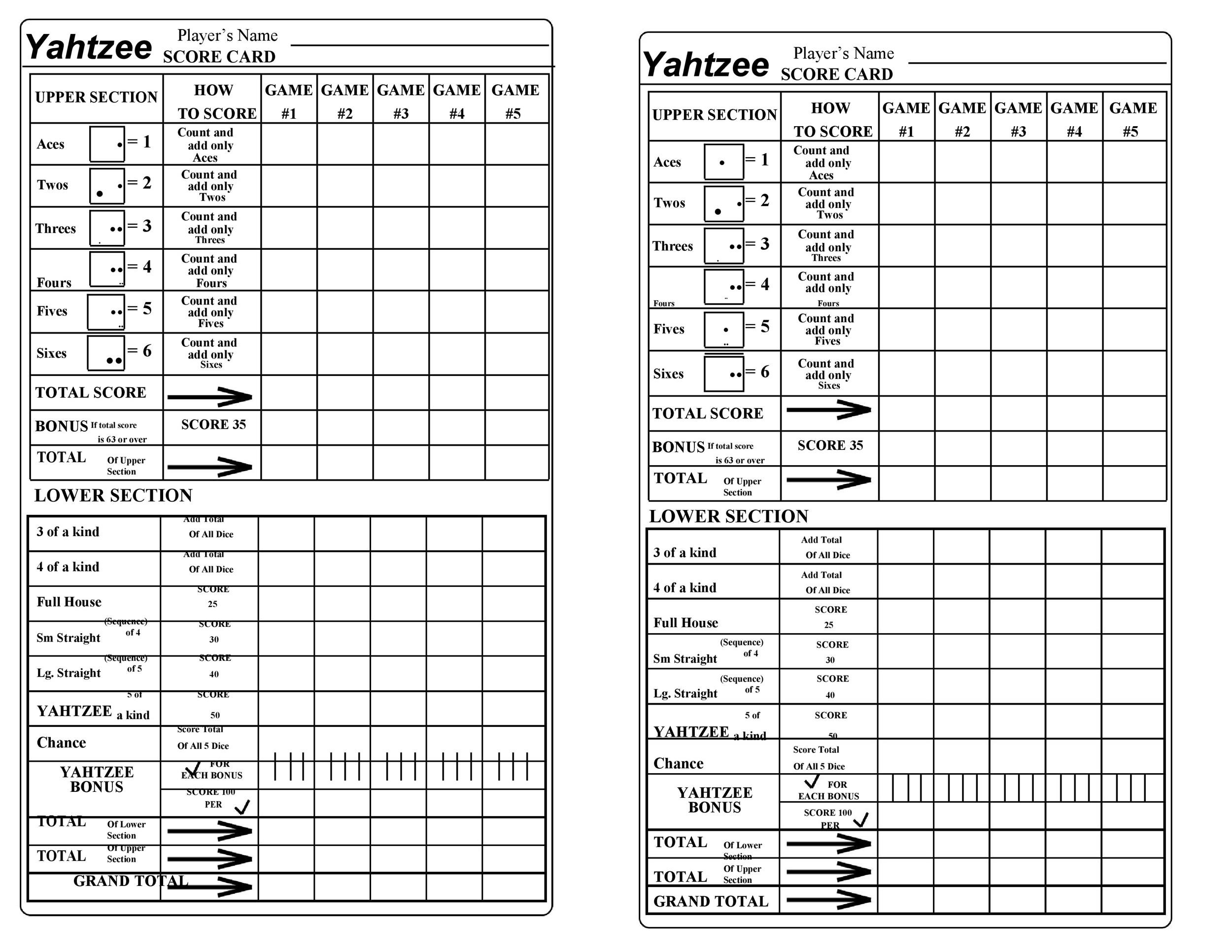 Printable Large Print Yahtzee Score Sheets