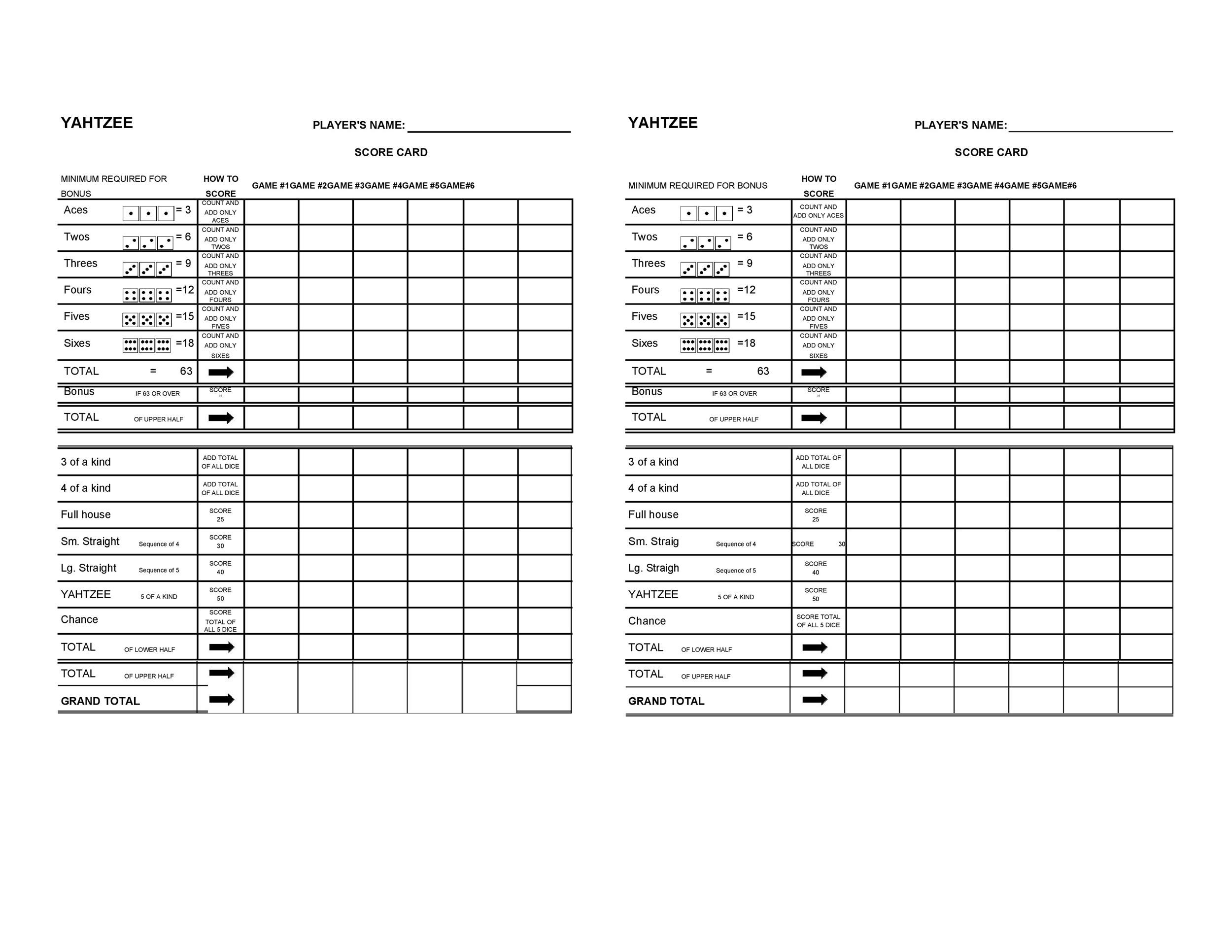 Simple Yahtzee Score Sheet