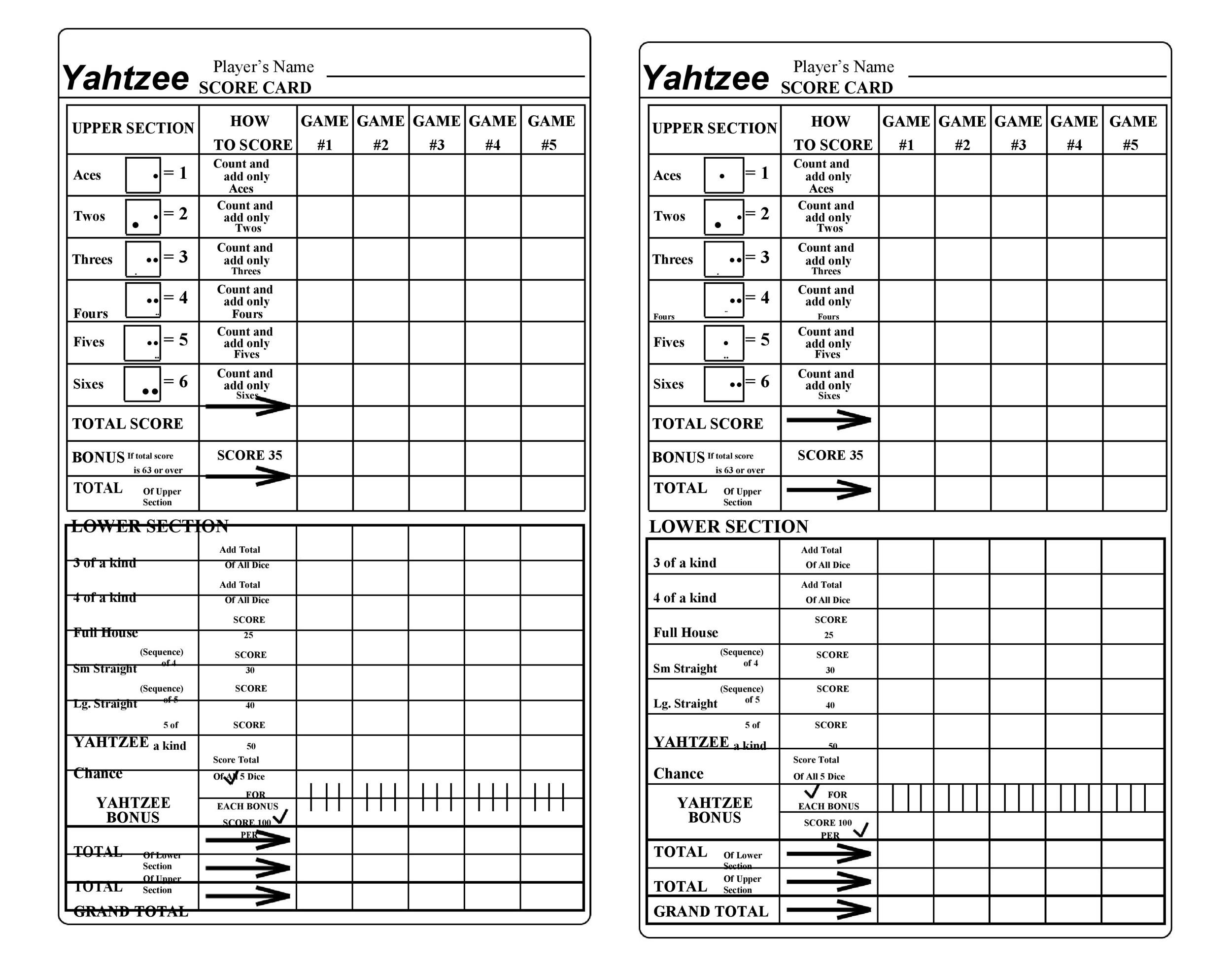 TemplateLab 28 Printable Yahtzee Score Sheets & Cards