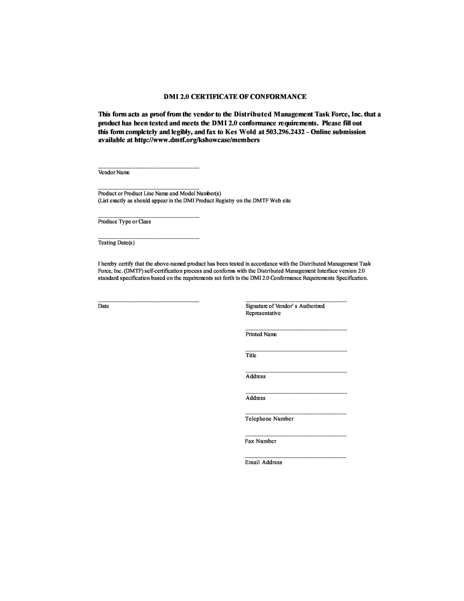 Certificate Of Conformity Template Free