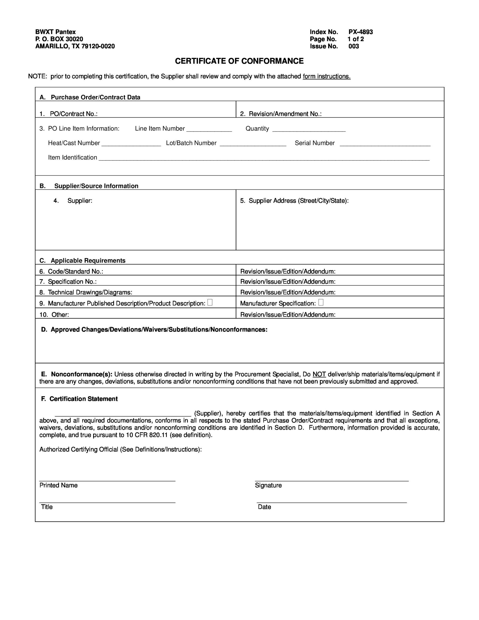 Certificate Of Conformity Template Free