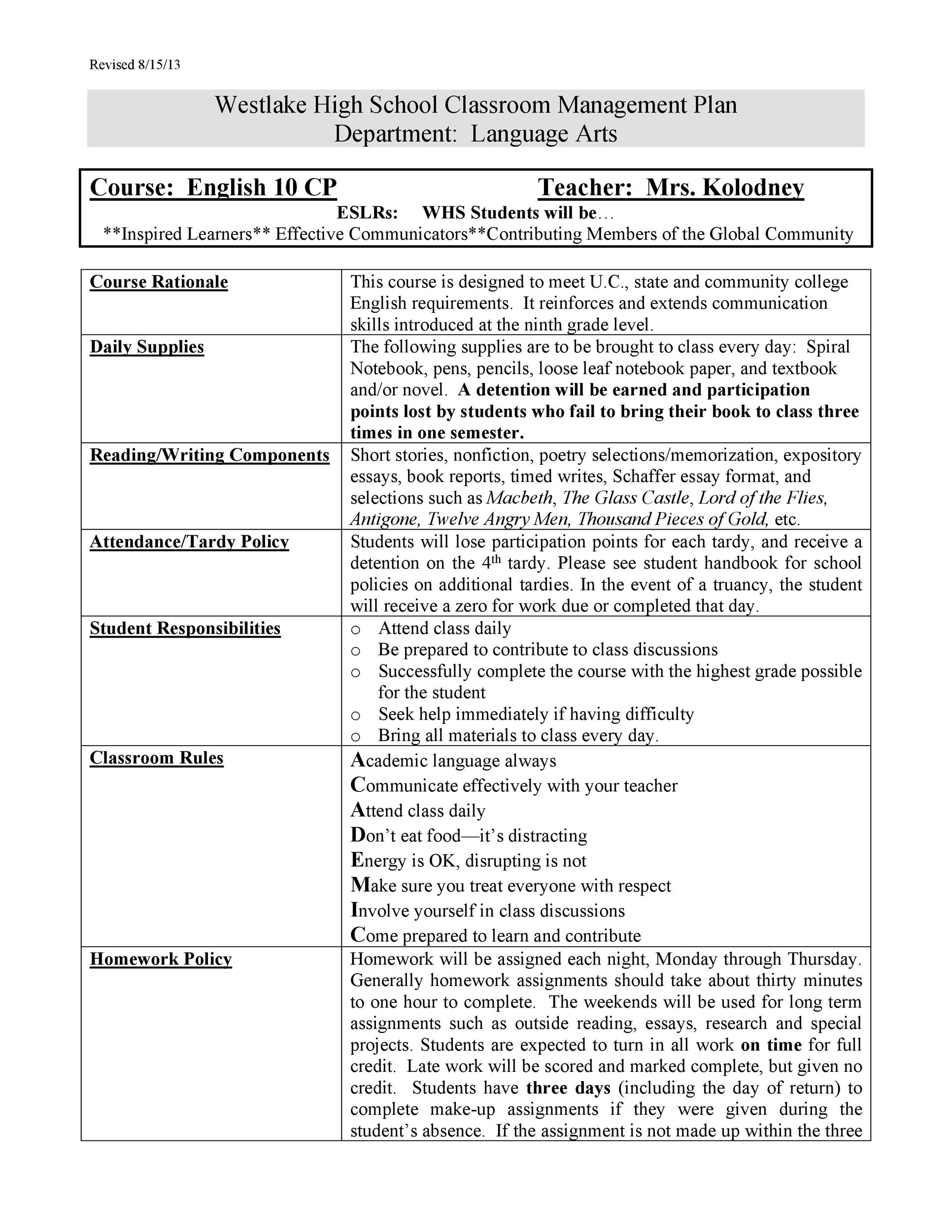 Classroom Management Plan 38 Templates And Examples ᐅ Templatelab