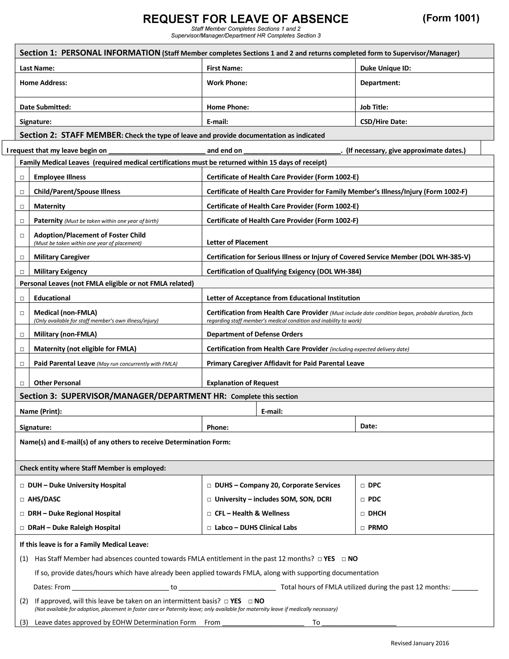 Free Printable Leave Of Absence Form