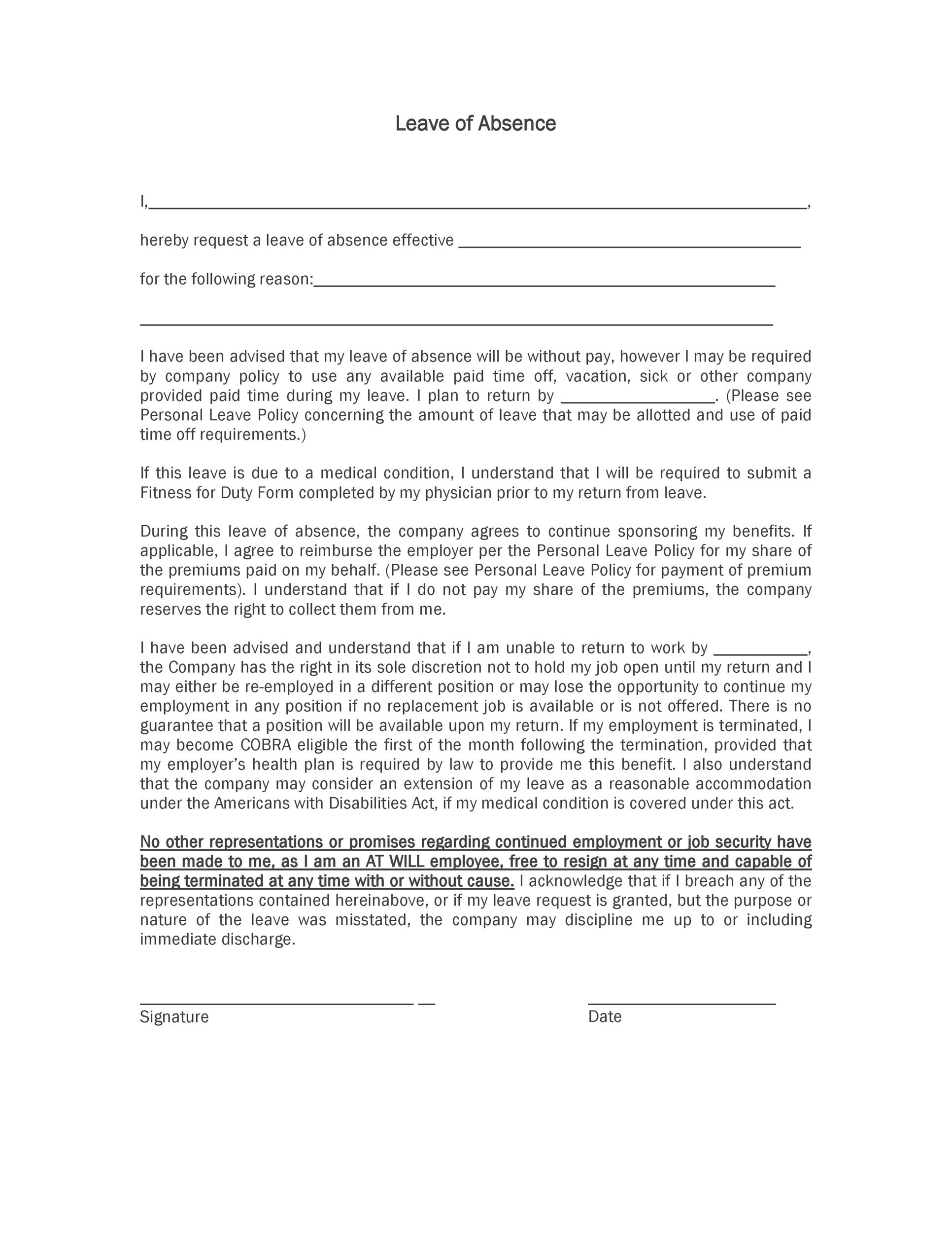 45 Free Leave of Absence Letters and Forms ᐅ Template Lab