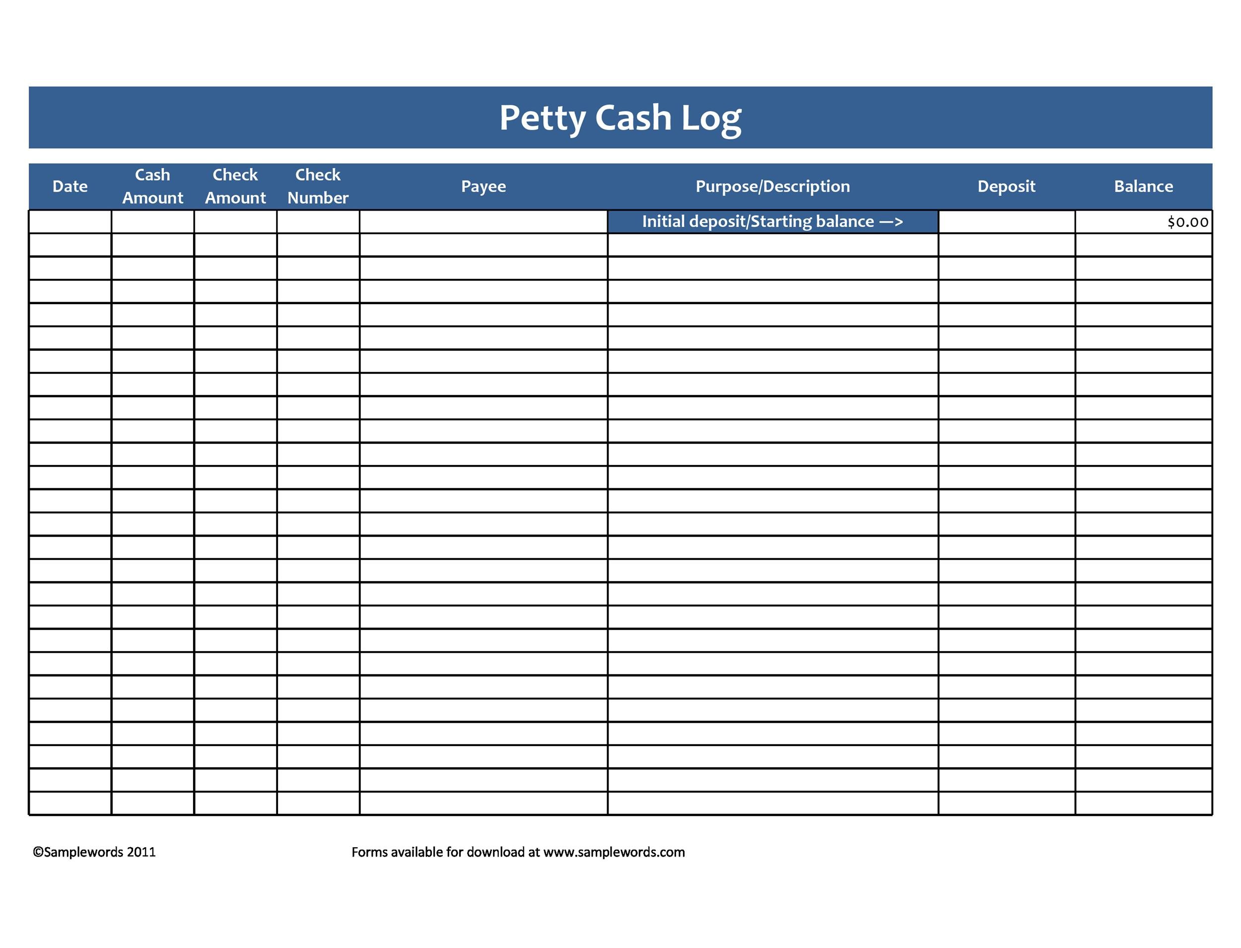 This printable form is designed to keep track of all petty cash.