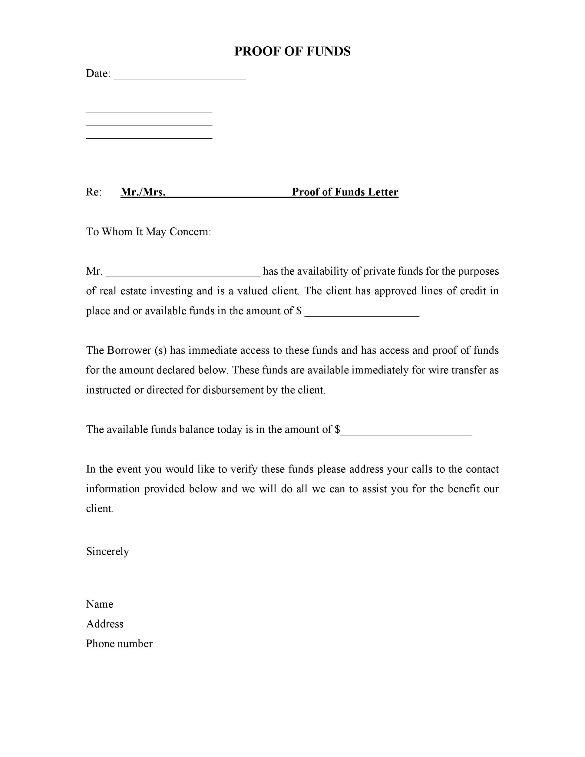 proof of funds letter template