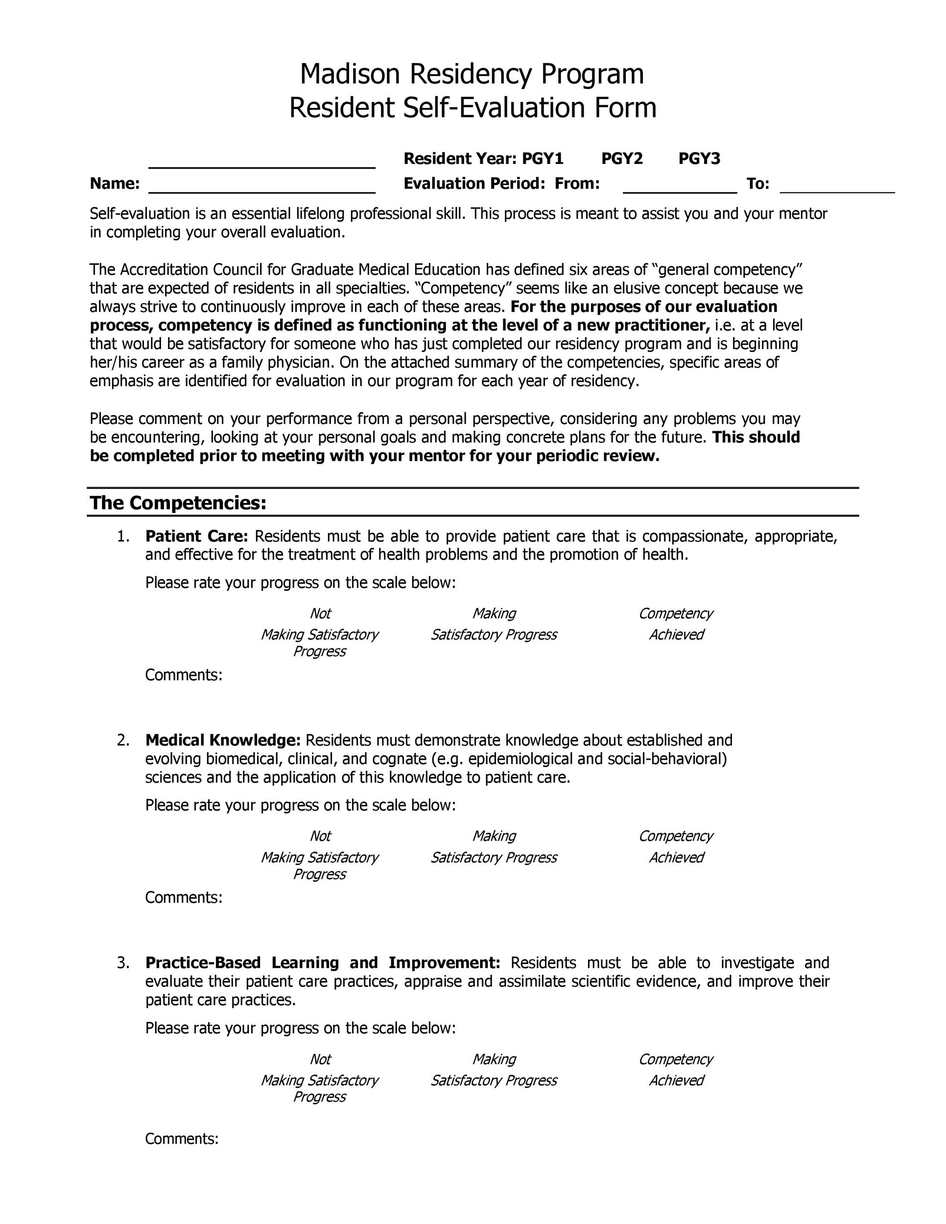 Self Evaluation Examples Forms Questions Template Lab