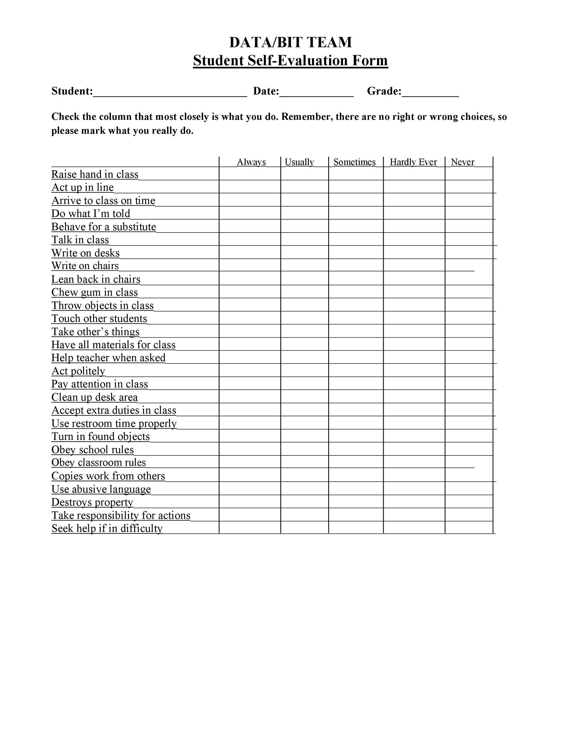 Student Self Assessment Chart