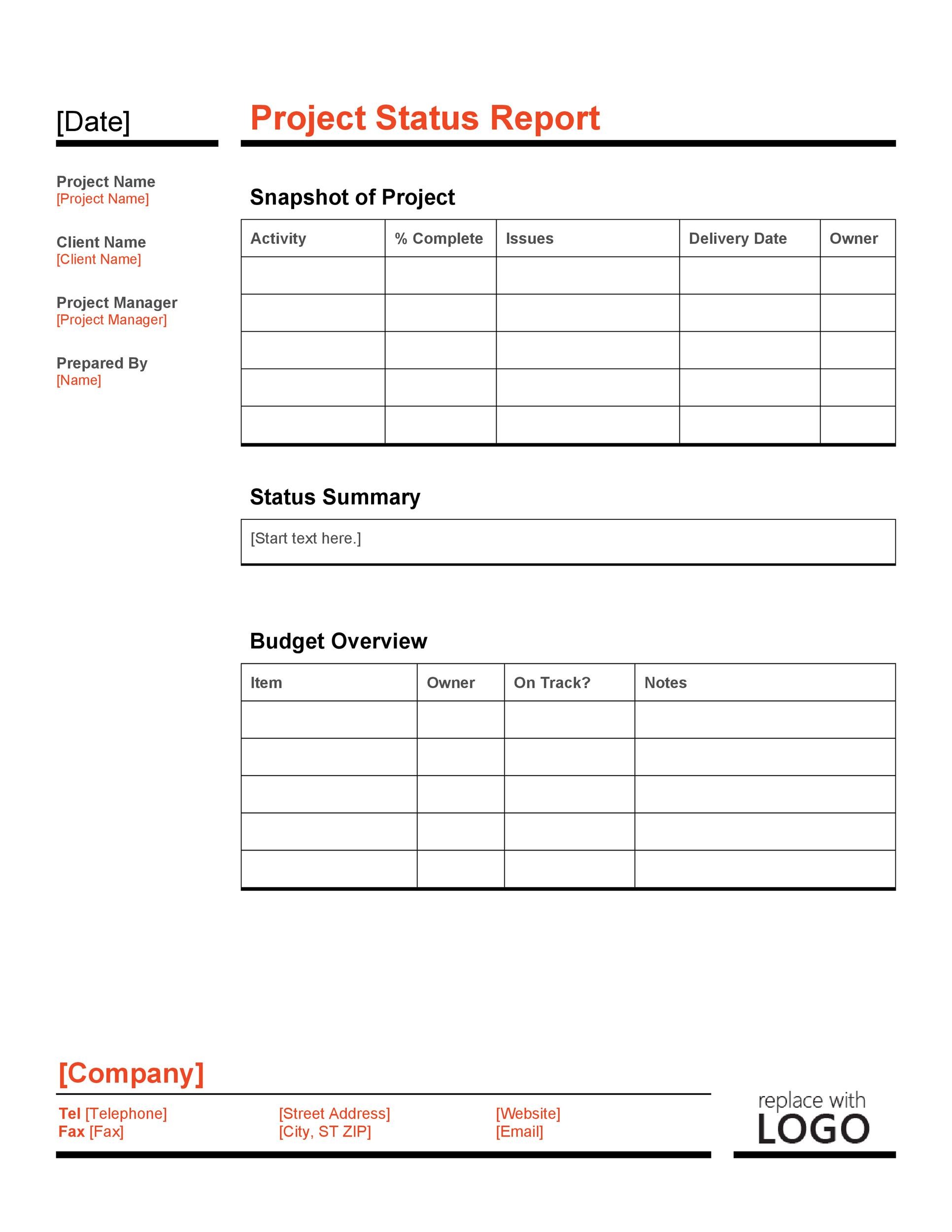 One Page Status Report Template