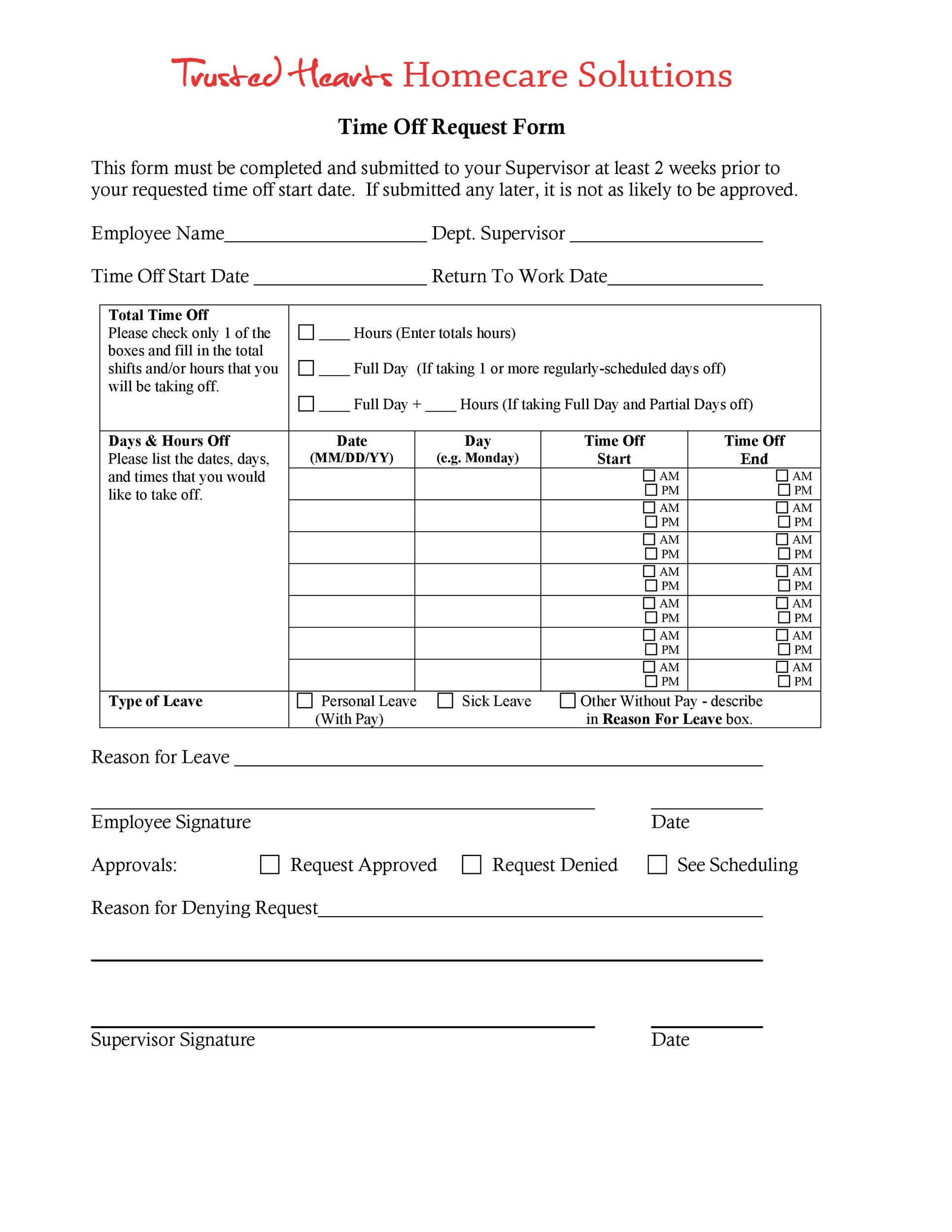 Time Off Request Form Template Printable