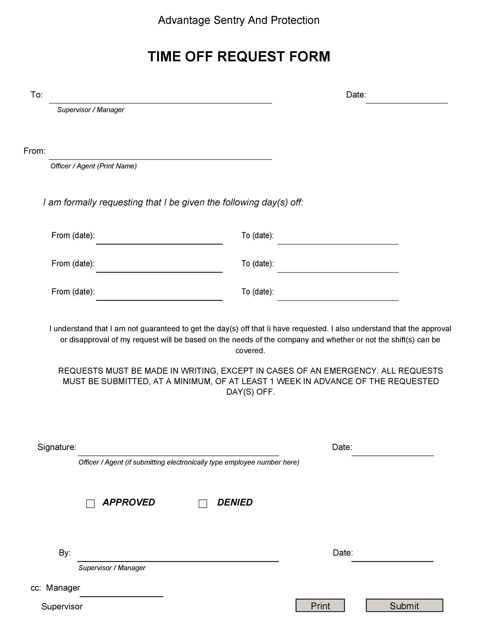 Time Off Request Form Template Printable Printable Forms Free Online