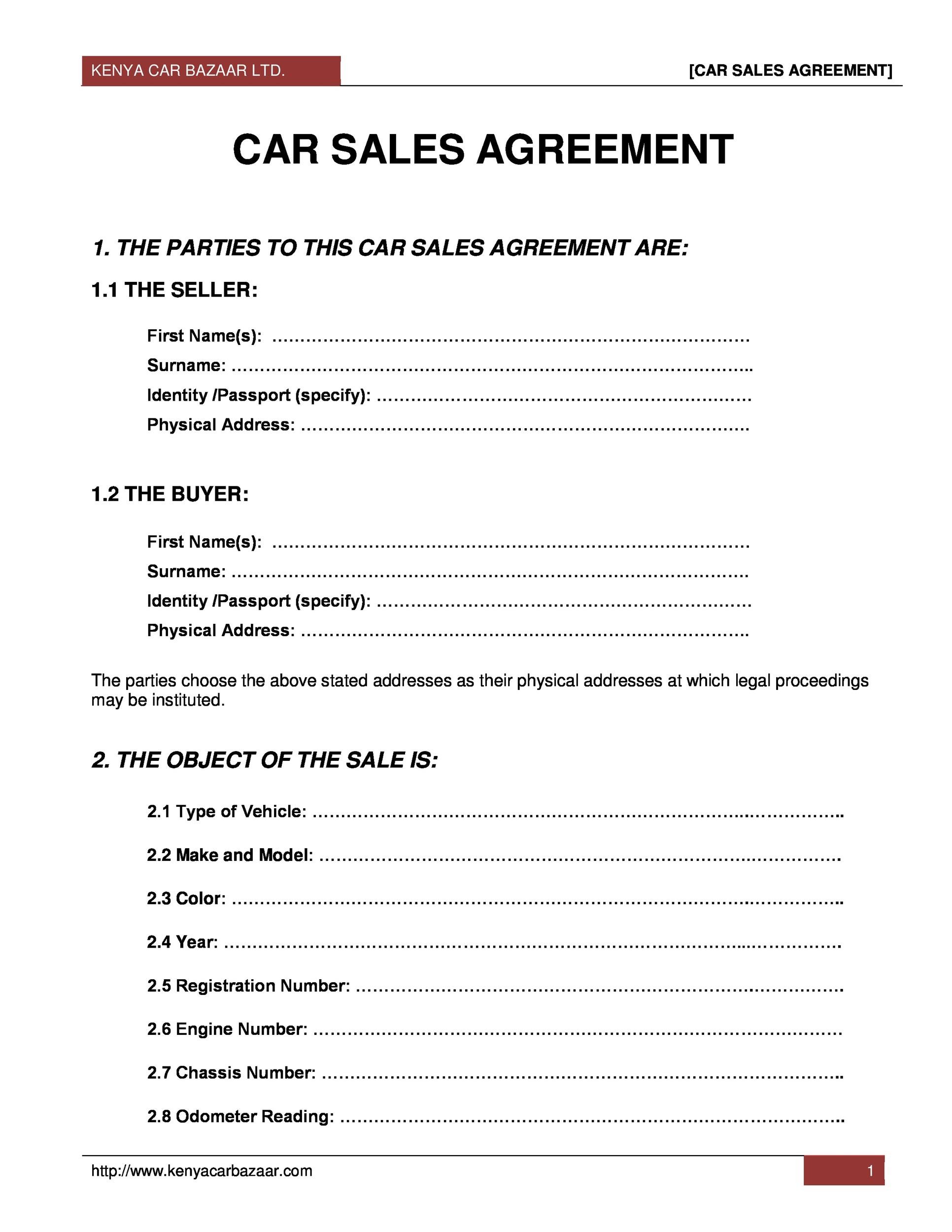 42 Printable Vehicle Purchase Agreement Templates ...