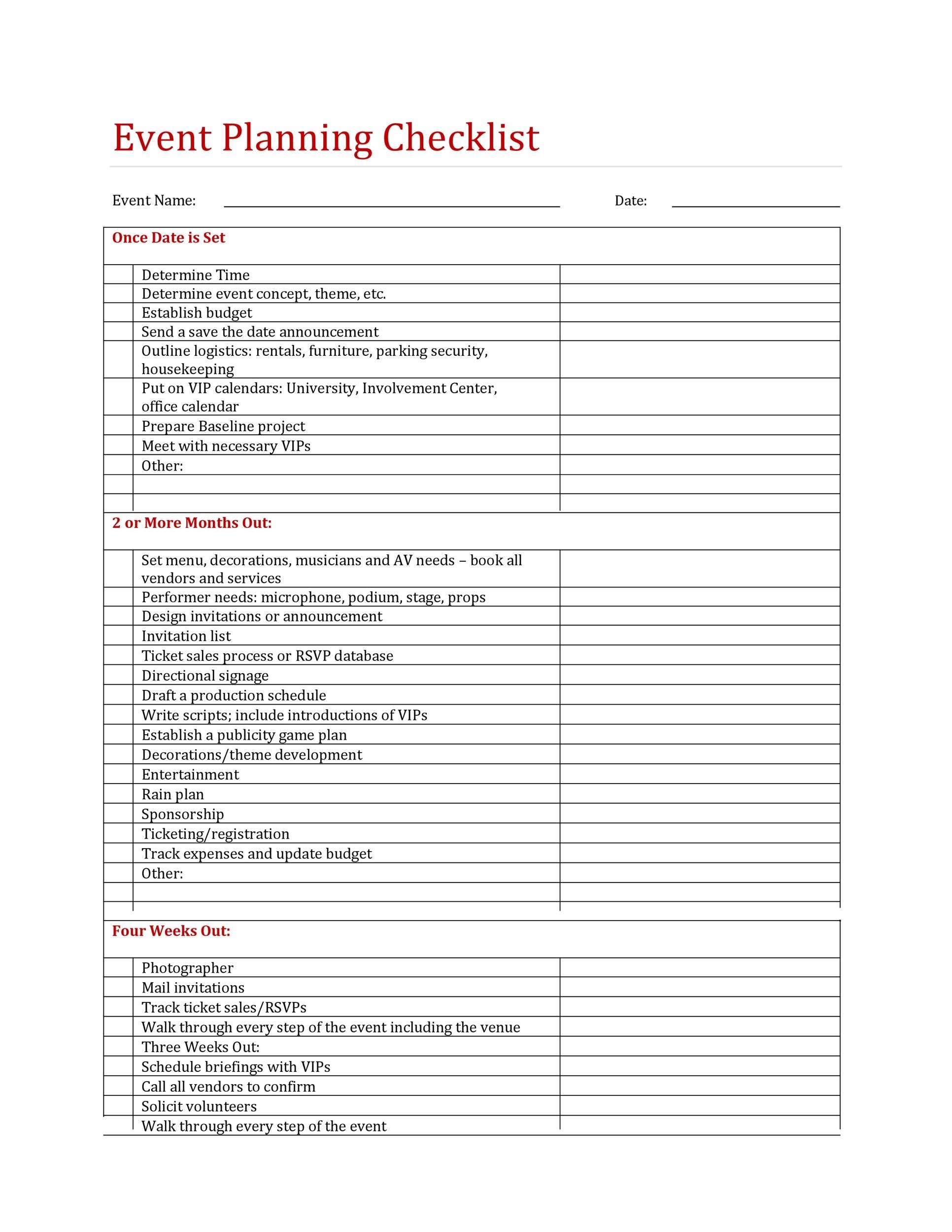 Printable Event Planning Checklist Template
