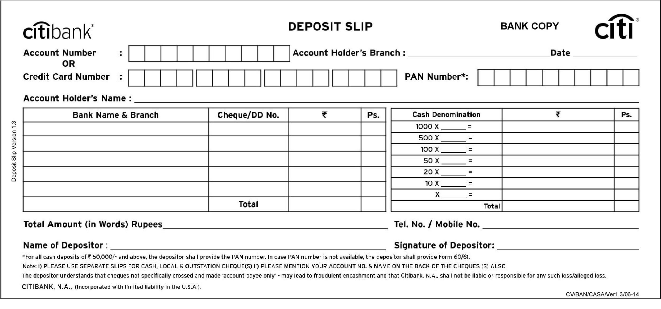 sample form of bank deposit slip