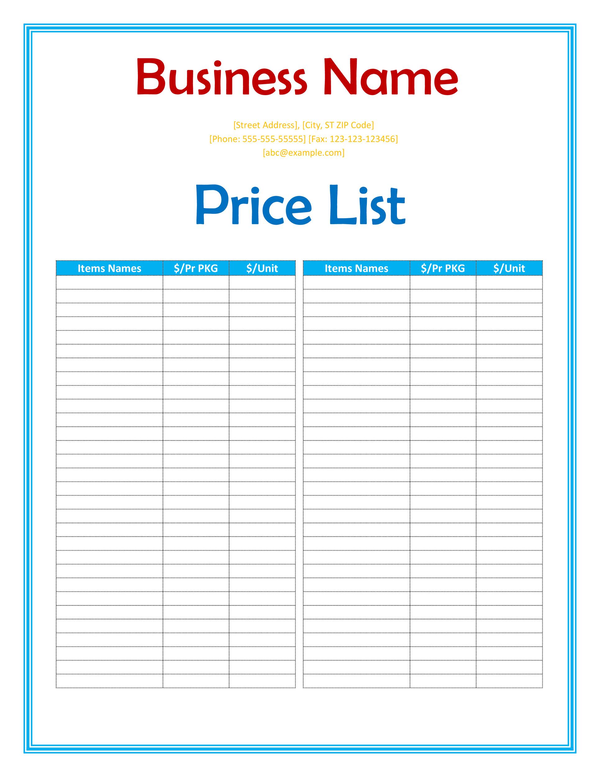 Pricing Chart Template