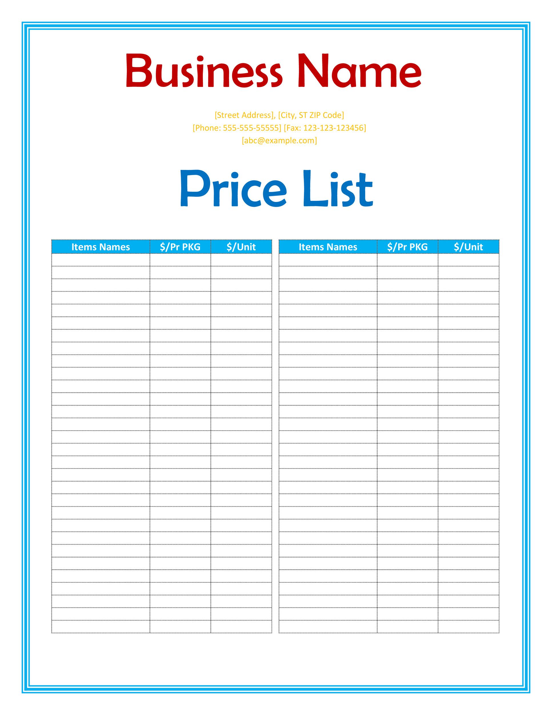 Free Price List Templates Price Sheet Templates Template Lab