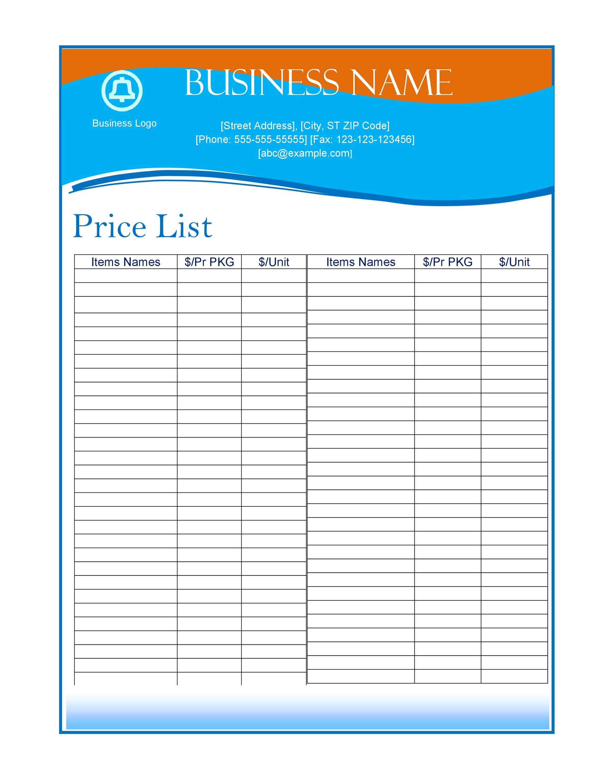 Business Price List Template | TUTORE.ORG - Master of Documents