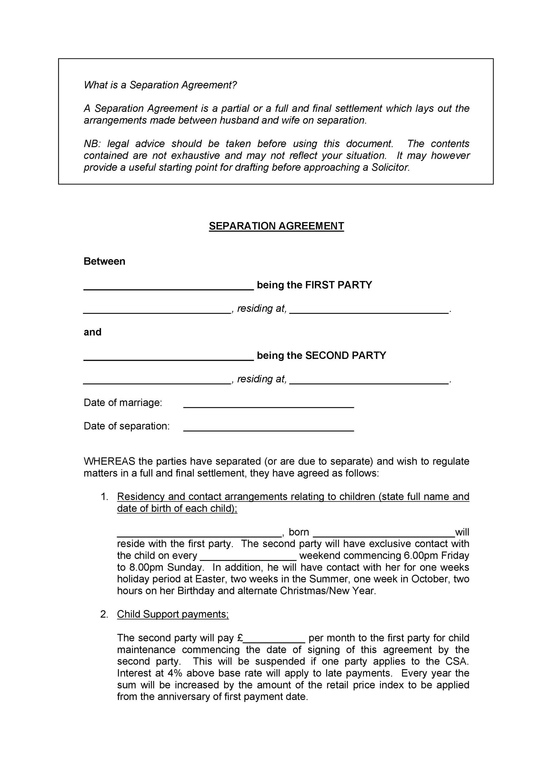 Separation Agreement Template Pdf