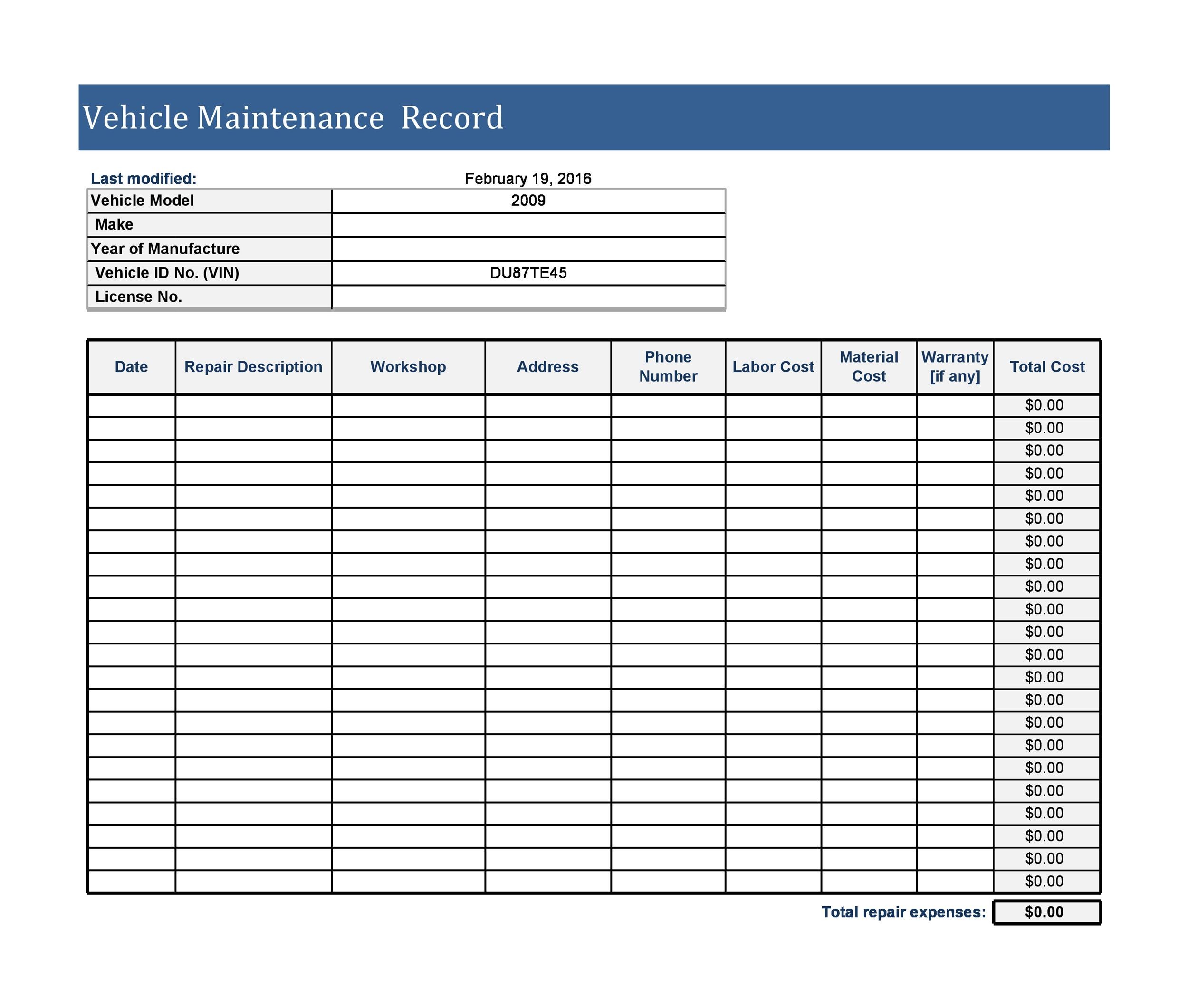 29+ Free Printable Vehicle Maintenance Log - Excel Templates - Excel