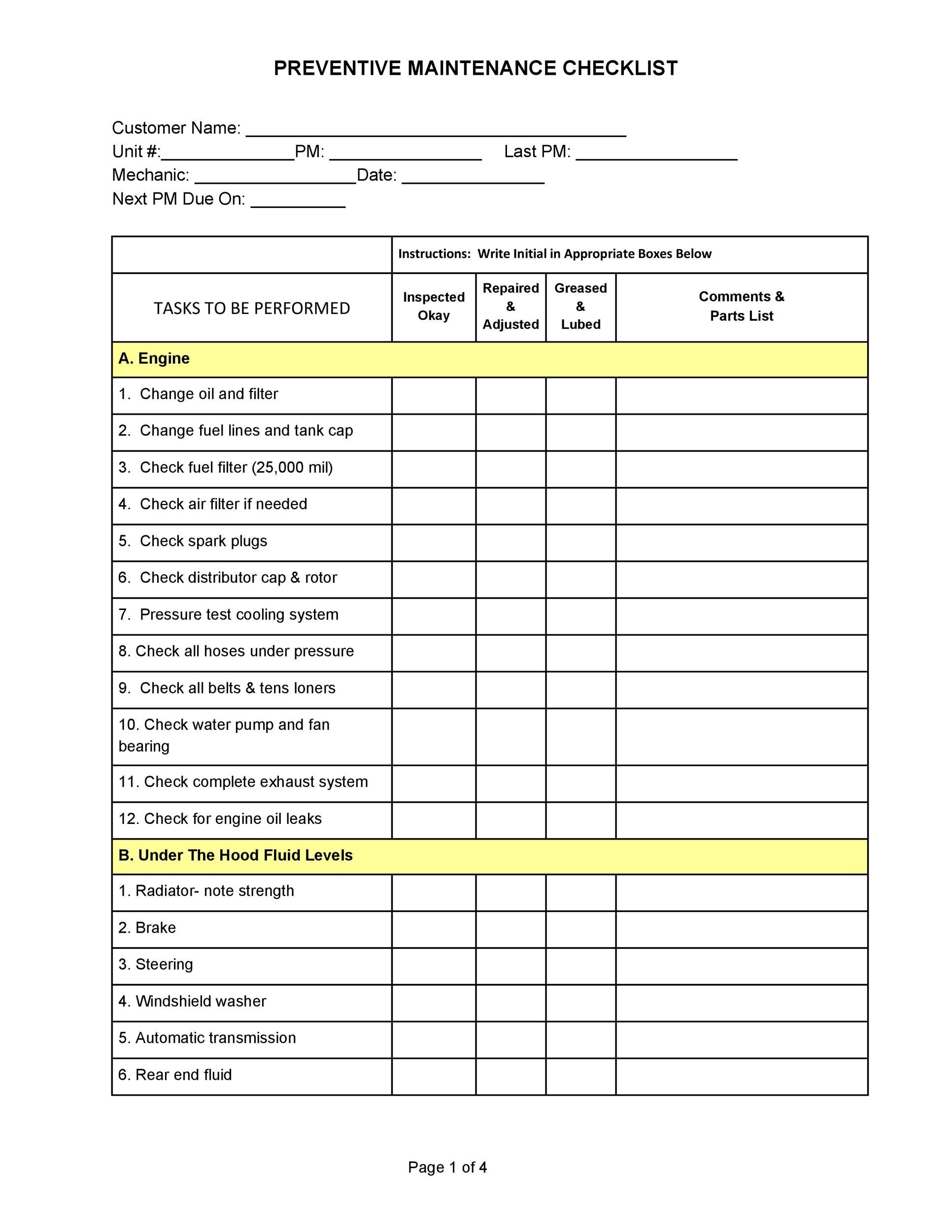 Printable Vehicle Maintenance Checklist Template Printable Templates