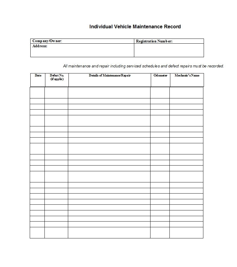 Car Maintenance Chart Template