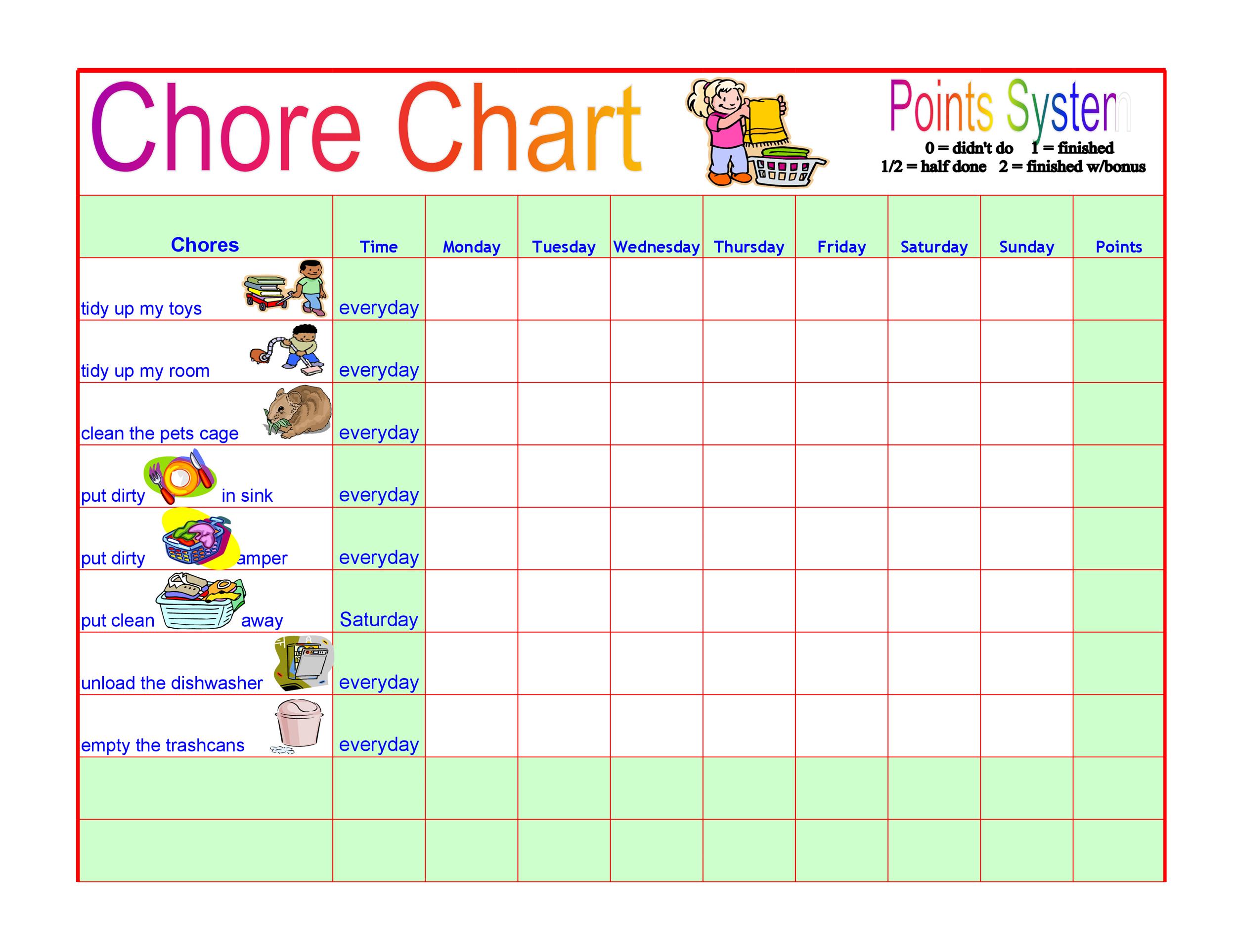 Monthly Chore Chart Template