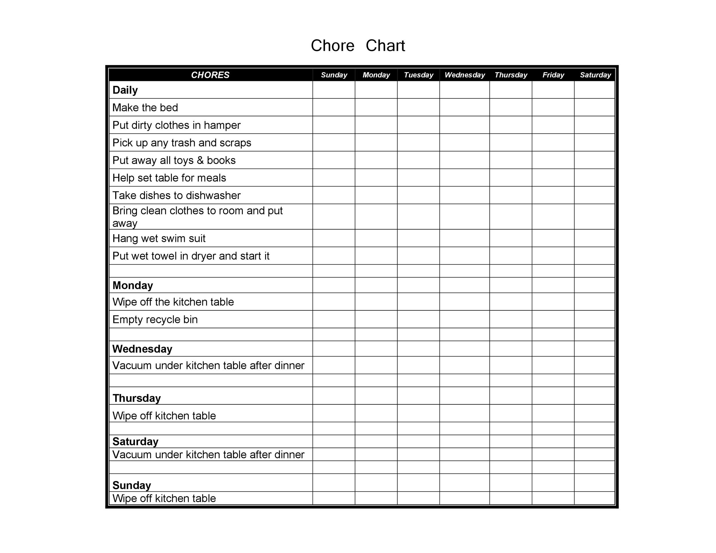 Editable Chore Chart For Adults