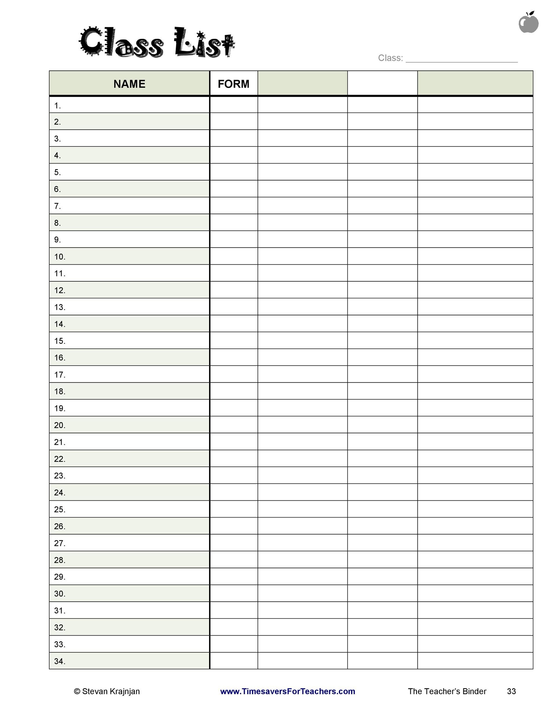 Class Roster Template Free Printable