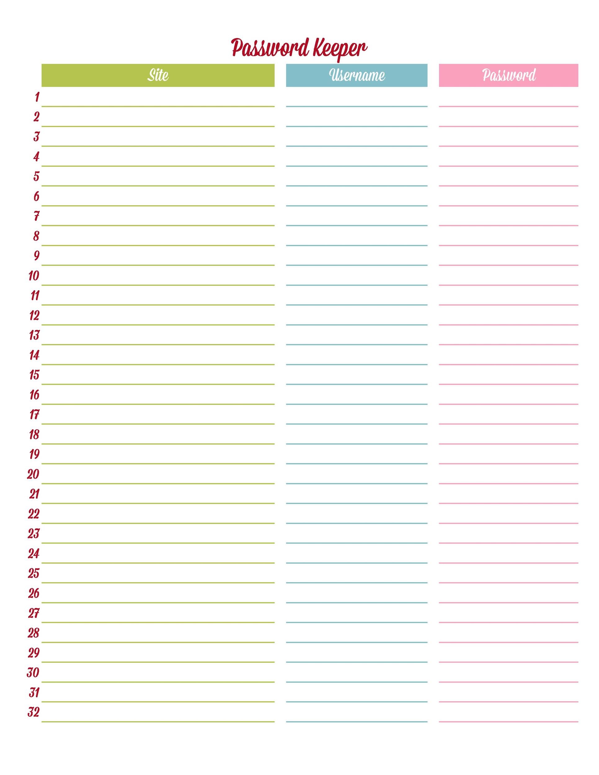 Free Printable Password Log Template