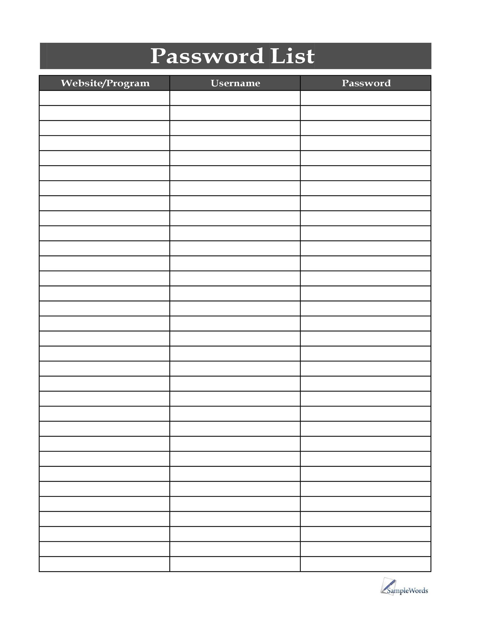 Password Template Printable Free Download