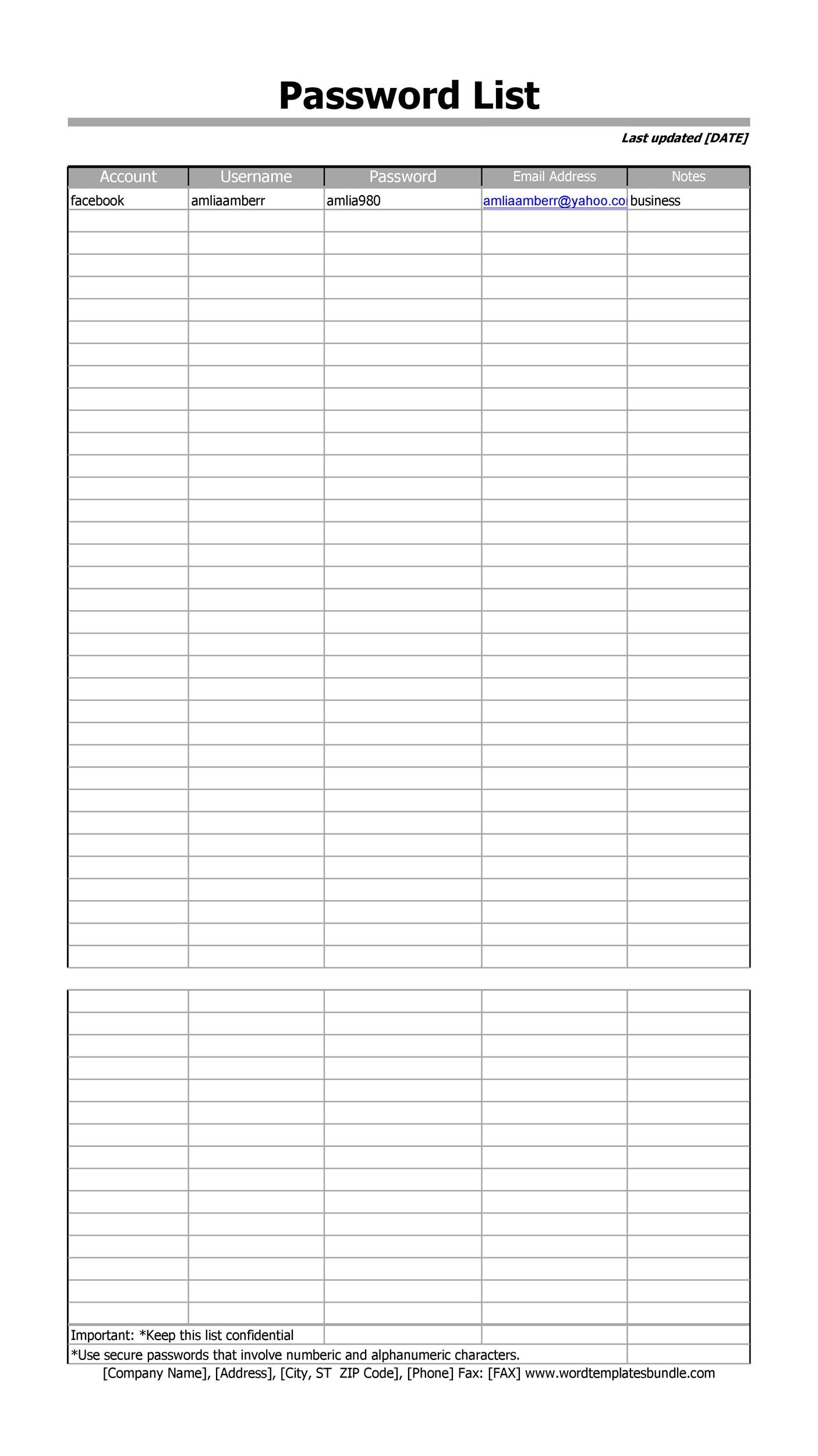 Free Password Log Template Pdf