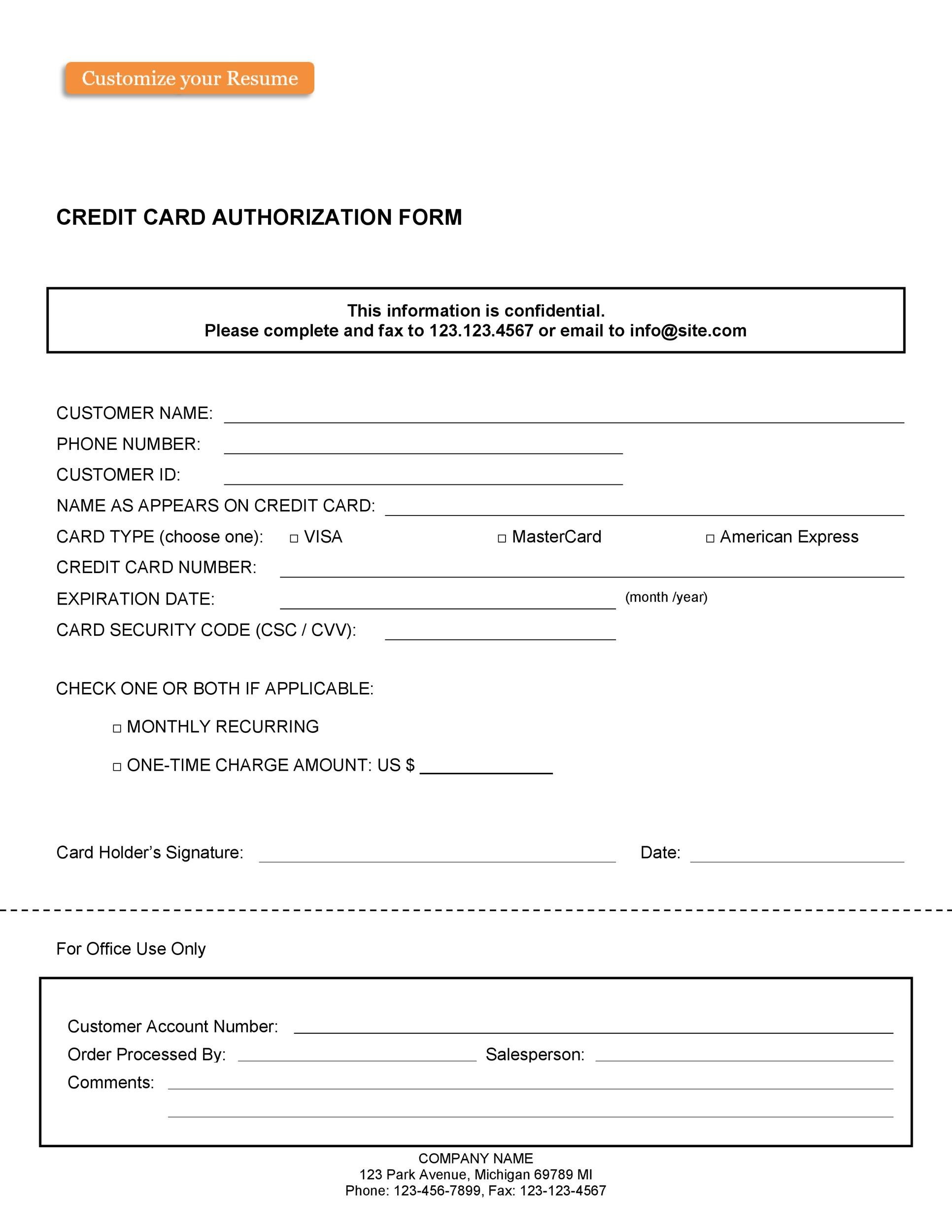 Credit Card Authorization Form Template Pertaining To Order Form With Credit Card Template