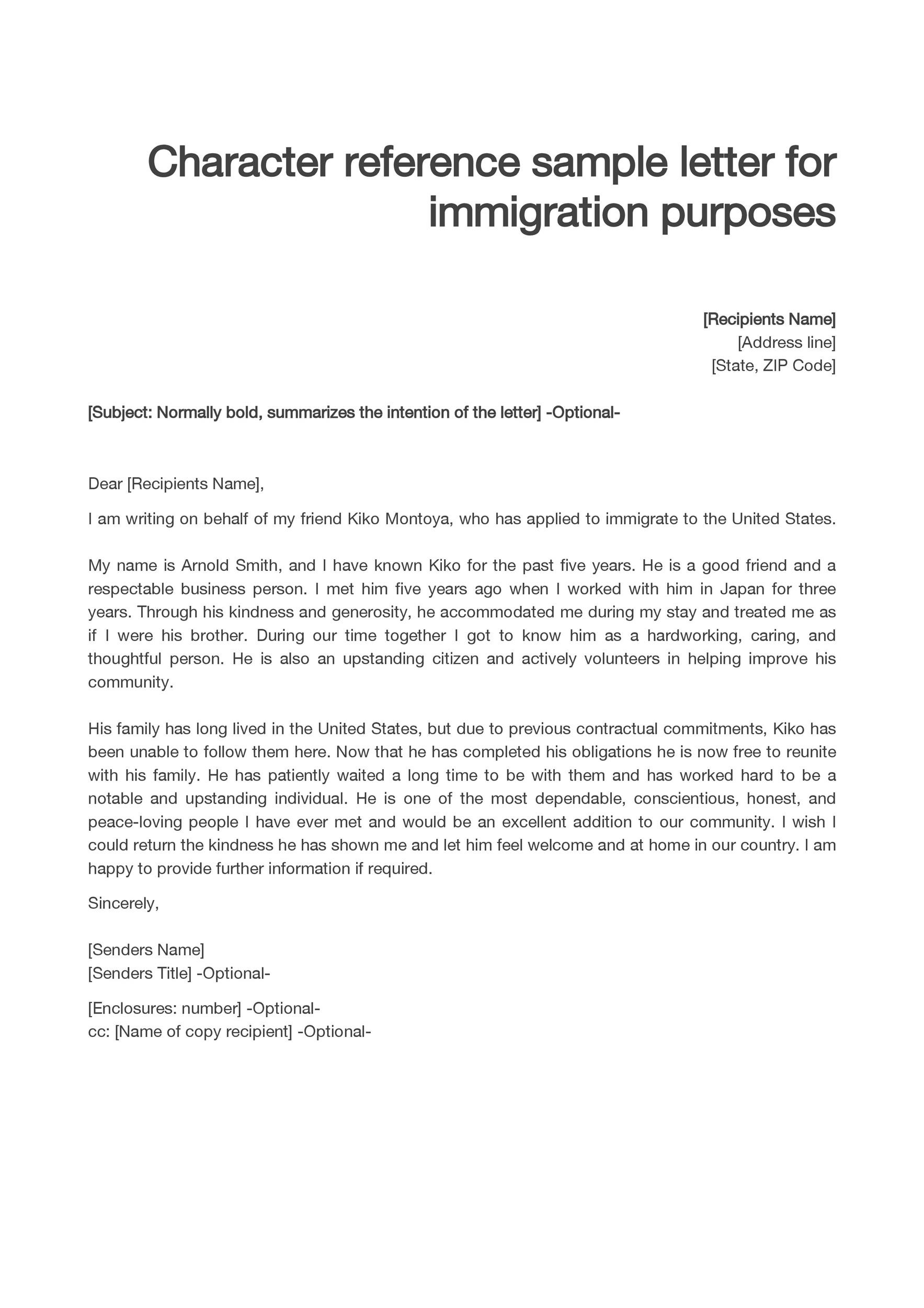 Letter Of Character Reference For Immigration Sample